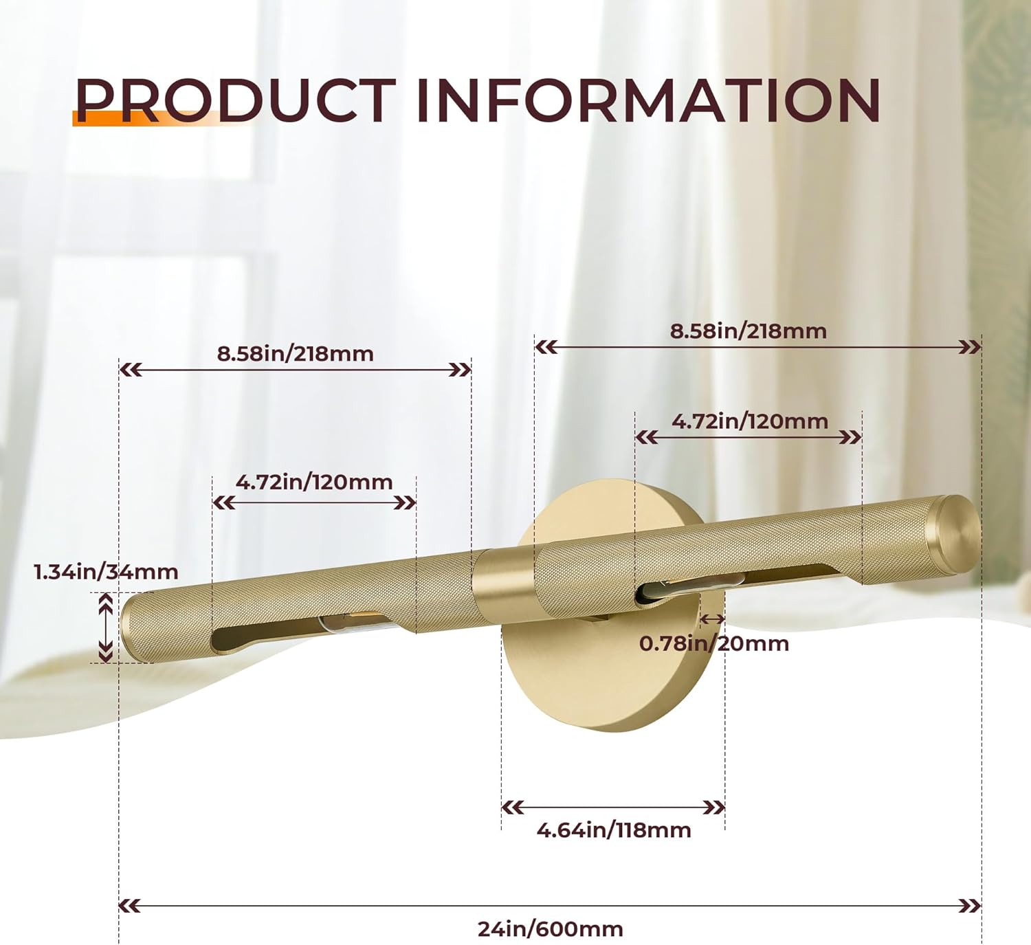 Picture Lights for Wall,24in Knurled Brass Artwork Display Lamp,Rotatable 360°Gold Art Light Hardwired Connection for Pictures Frame,Painting Wall Lights,Bathroom Wall Sconce E12 Base No Bulbs