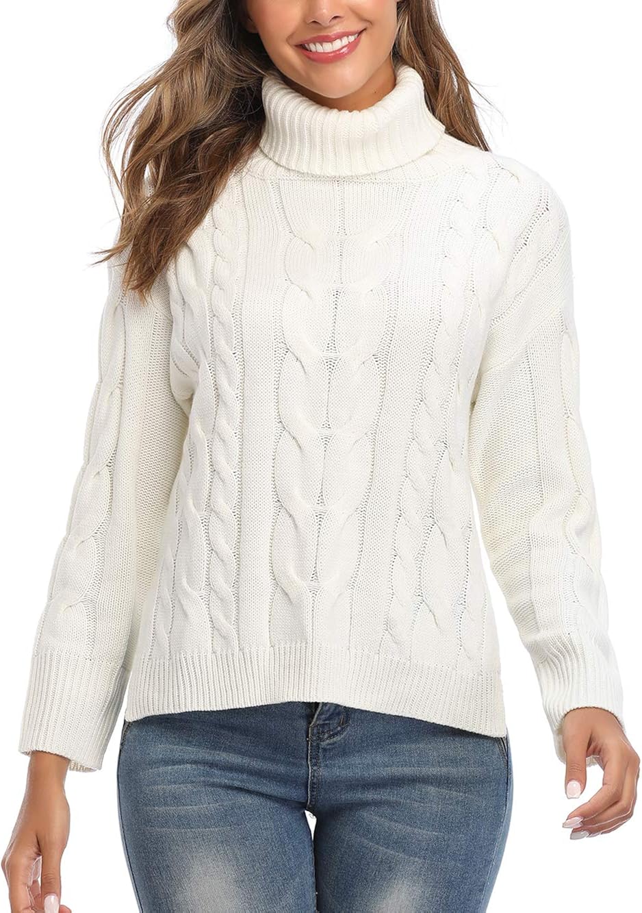 Women's Long Sleeve Turtleneck Sweater Knit Pullover Tops White XX