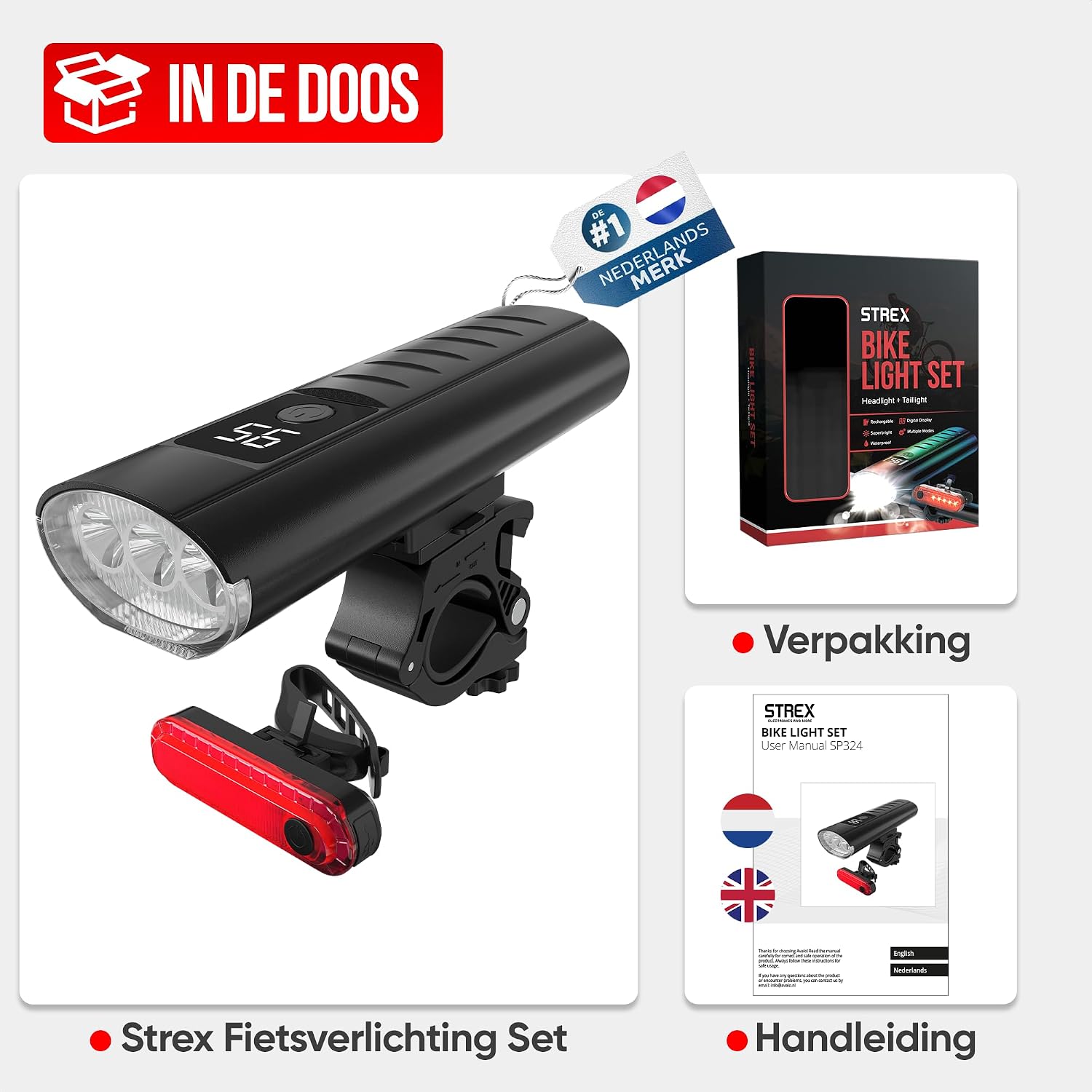 Contents of the Strex Bicycle Light Set package, showing the front light, rear light, USB-C cable, and user manual.