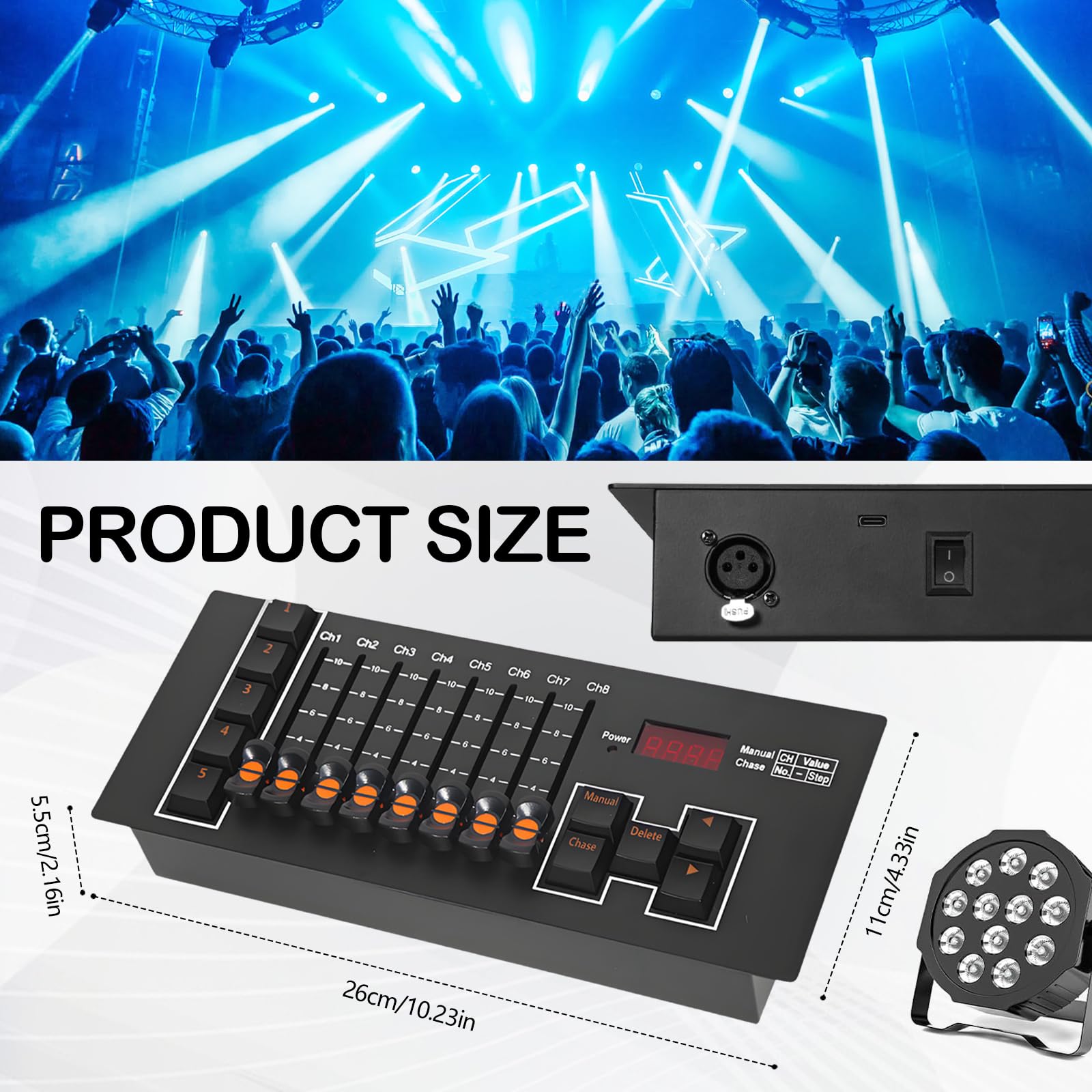 Controller DMX5102, Console di Controllo Luci a 40 Canali con 8 Fader e 5 Modalità Programmabili Controller DJ con 5 Effetti CHASE e Uscita DMX a 3 Pin per Illuminazione da Palco Spettacoli dal Vivo