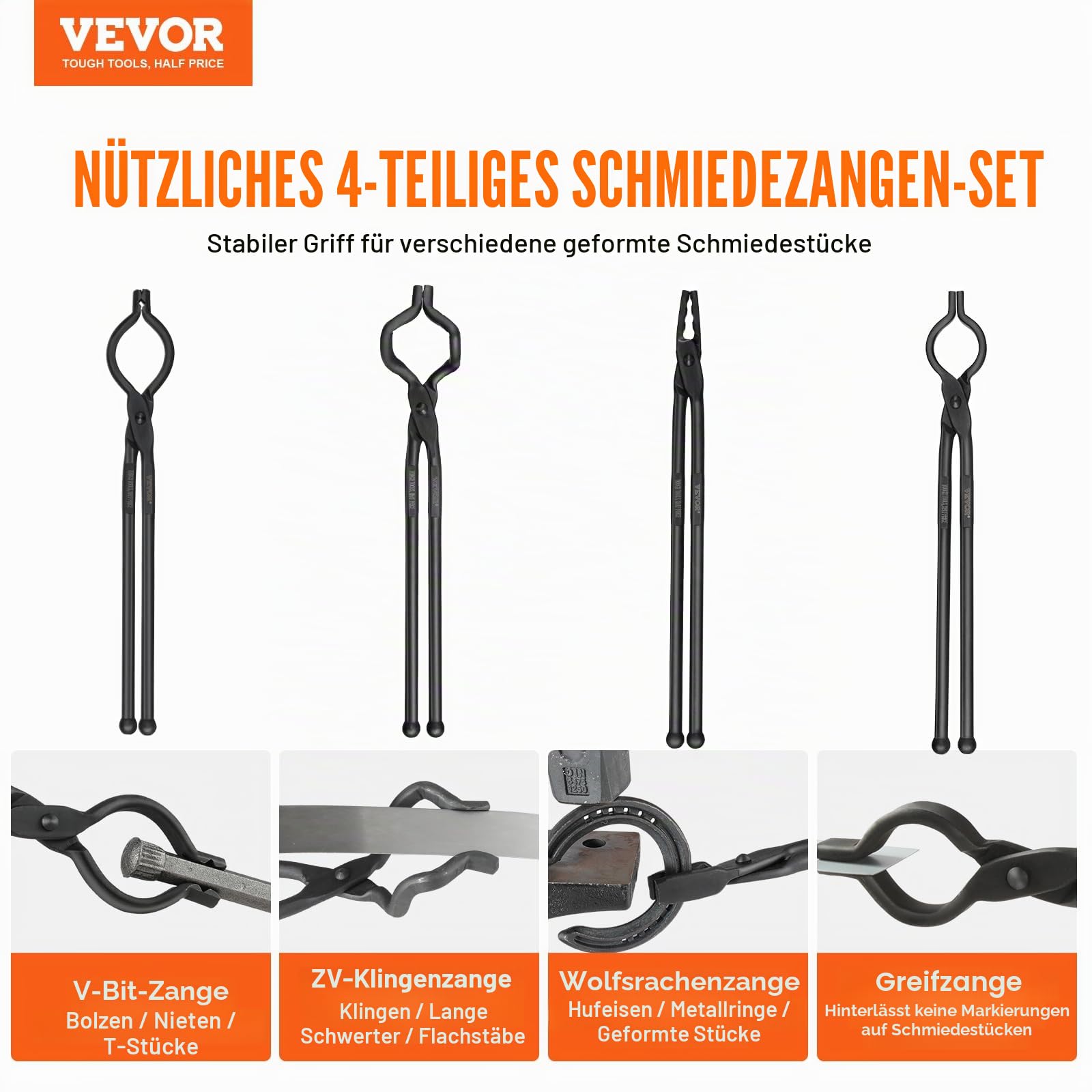 VEVOR Schmiedezange-Set, V-Bit, Wolf, ZV, Greifzange 4 Stk. Kohlenstoffstahl Schmiedezange, 465 x 60 x 19 mm / 461 x 68 x 18 mm / 458 x 38 x 19,0 mm / 463 x 78 x 52,3 mm, mit Verlängertem Griff