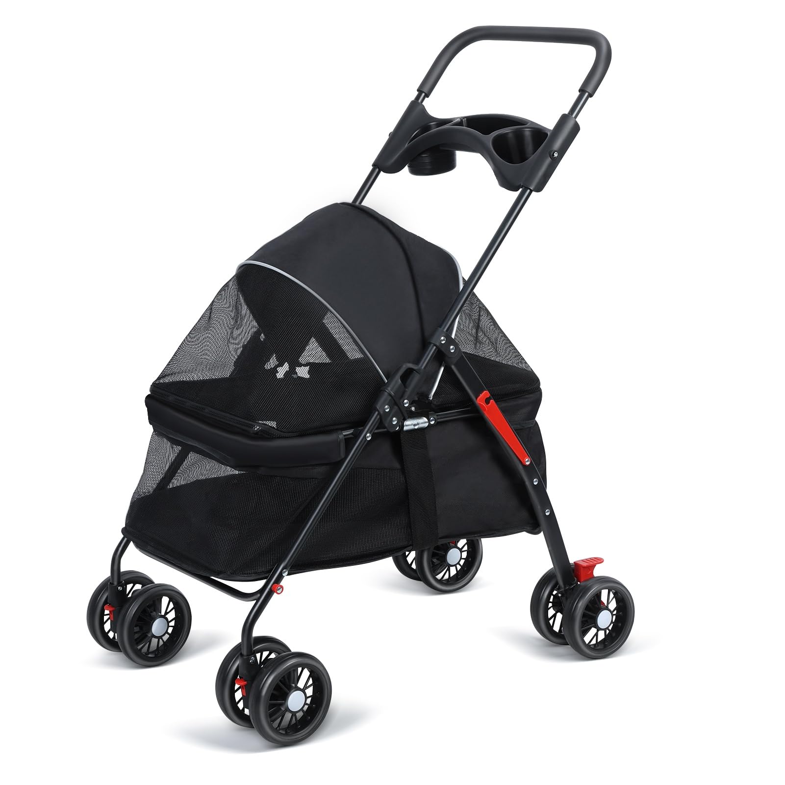 Altsuceser 4 Wheels Pet Stroller for Small & Medium Pets - Pet Dog Stroller with 360° Rotating Wheels, Dual Brakes, Foldable Dog/Cat Carrier with Large Canopy, Cup Holders & Breathable Mesh (Black)