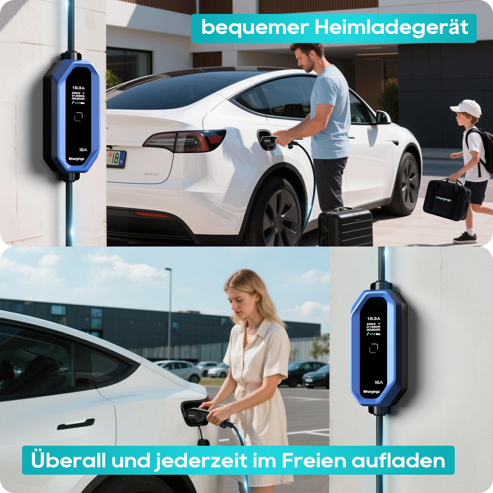 Typ 2 Ladekabel Schuko 3,68kW 6-16A Einstellbarer Strom mit LCD-Display, 5M Kabel, Tragbares EV Ladegerät für Allen Elektroautos IEC 62196-2 Typ 2 und CCS2-Stecker, IP65