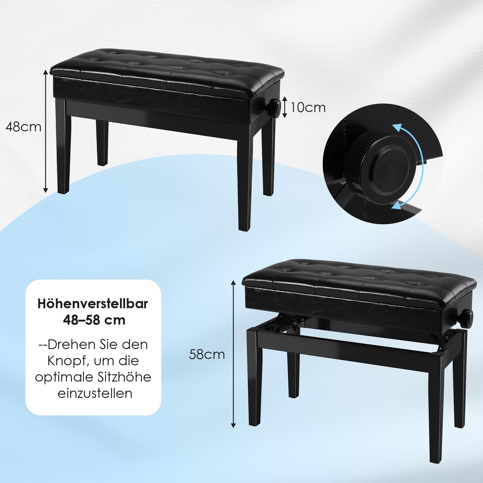 MAMIZO Sgabello Pianoforte Regolabile in Altezza 2 Persone 73x35x48-58CM, 4 PCS Gambe in Legno Massello Sgabello Tastiera, Panca Pianoforte con Archiviazione, Sgabello Pianoforte Max 200KG, Nero
