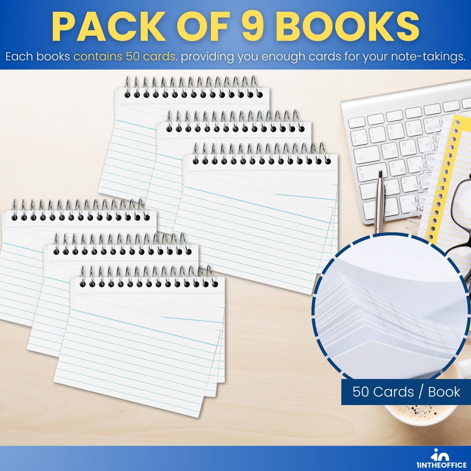 1InTheOffice 4x6 Spiral Bound Index Cards, Ruled Index Card, Lined Index Card, White, 50 Cards/Pack, 6 Pack