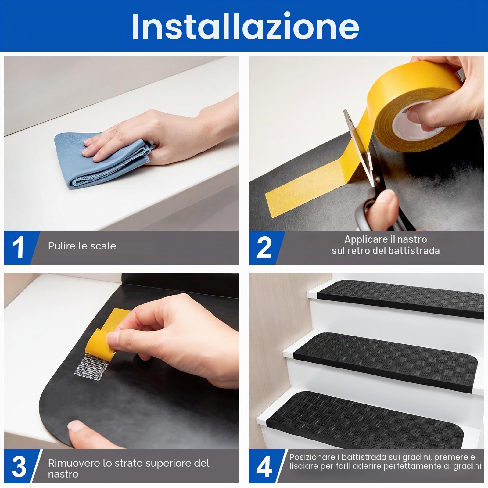 Spurtar Set da 3 Gradini Antiscivolo in Gomma Sintetica, Strisce per Scale Interni/Esterni, Ideali per Scale in Legno, Marmo e Pietra, 76×25 cm