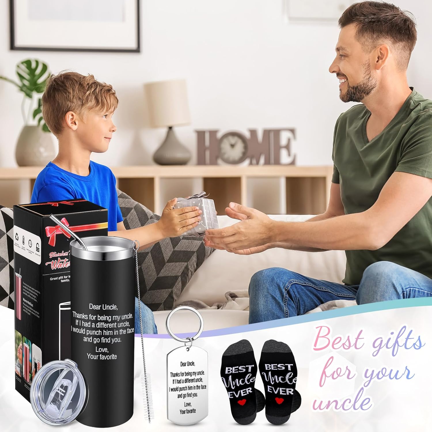 Hushee 3 Pack Uncle Gift Set From Niece Nephew - 20 oz Travel Mug, Best Uncle Ever Socks, Keychain - Funny Fathers Day Birthday - Image 4