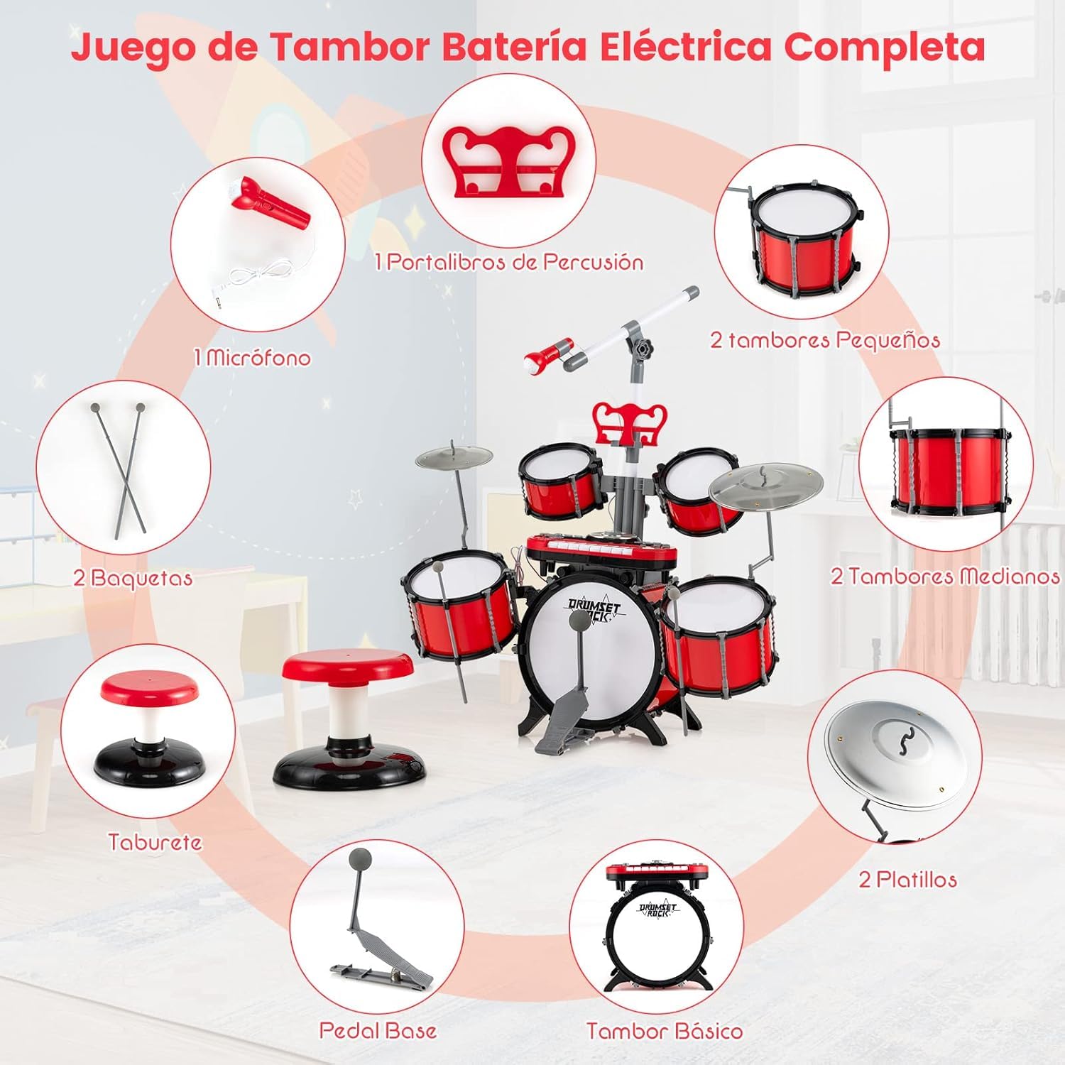 GOPLUS Juego de Batería Infantil con Taburete, Batería de Jazz Juguete Musical con Teclado de 8 Teclas, 1 Micrófono, 2 Baquetas, Conector MP3, Instrumento de Percusión para Niños 3+ Años