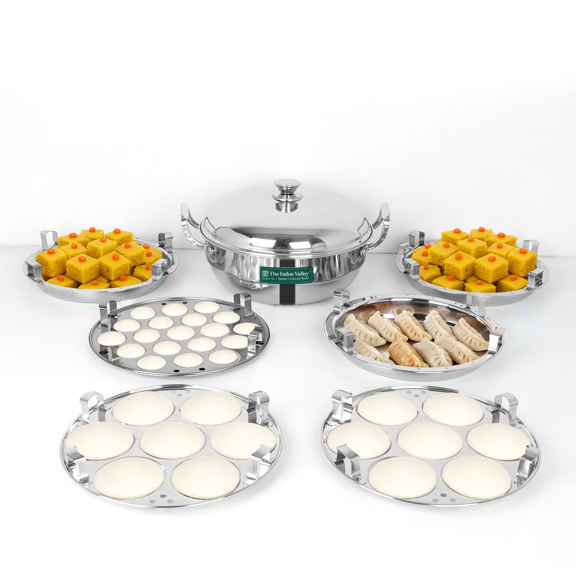 The Indus Valley Triply Stainless Steel Idli Maker/Multi Kadai | 6 Plates, 2 Idli | 1 Mini Idli | 2 Dhokla | 1 Steamer | Momo Maker/Steamer Set | 27cm/10.6 inch, 5Ltr, 3.7kg | 3-Layer Body | Induction Friendly