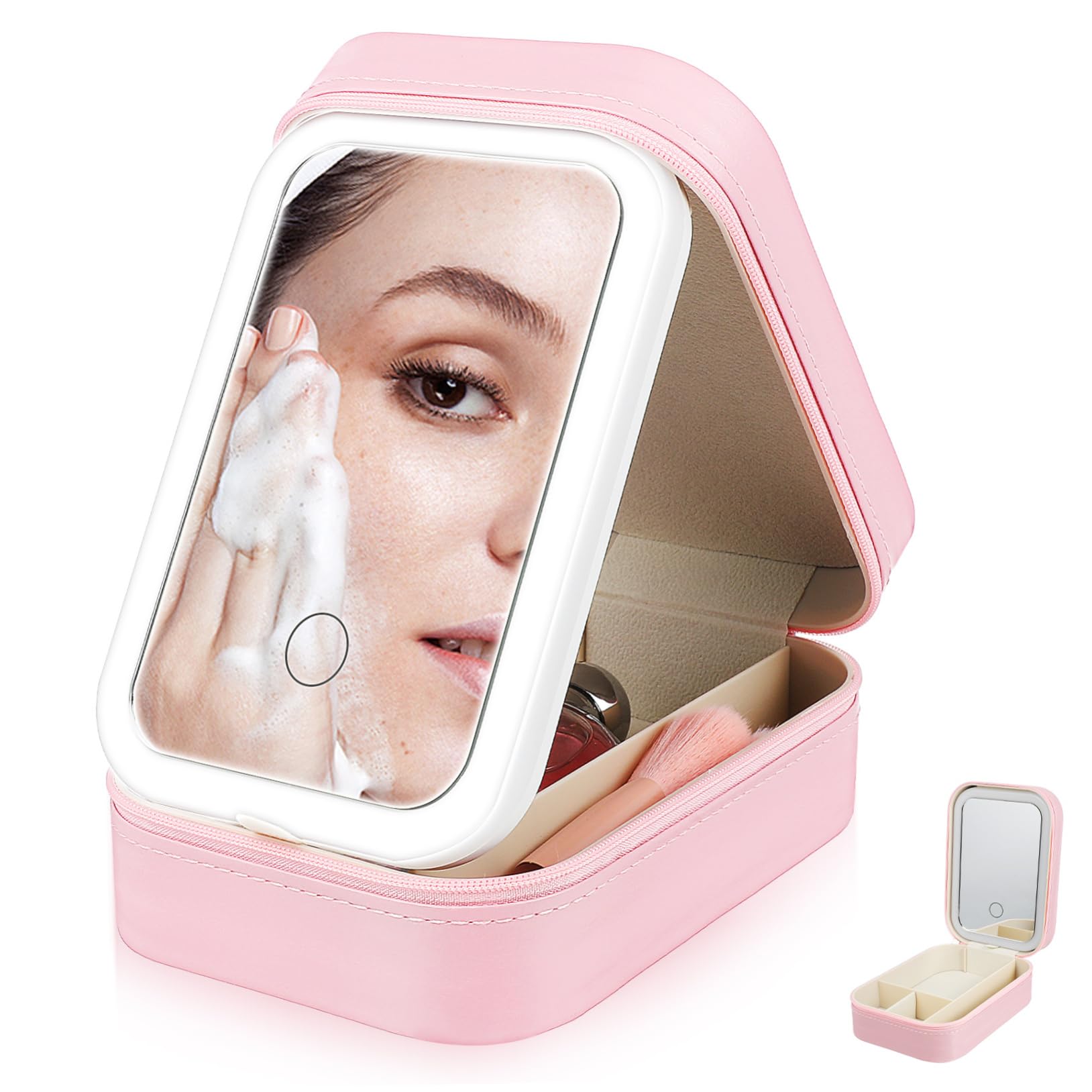 Healeved Foldable Makeup Mirror with Light Led Travel Makeup Case Organizer Bag