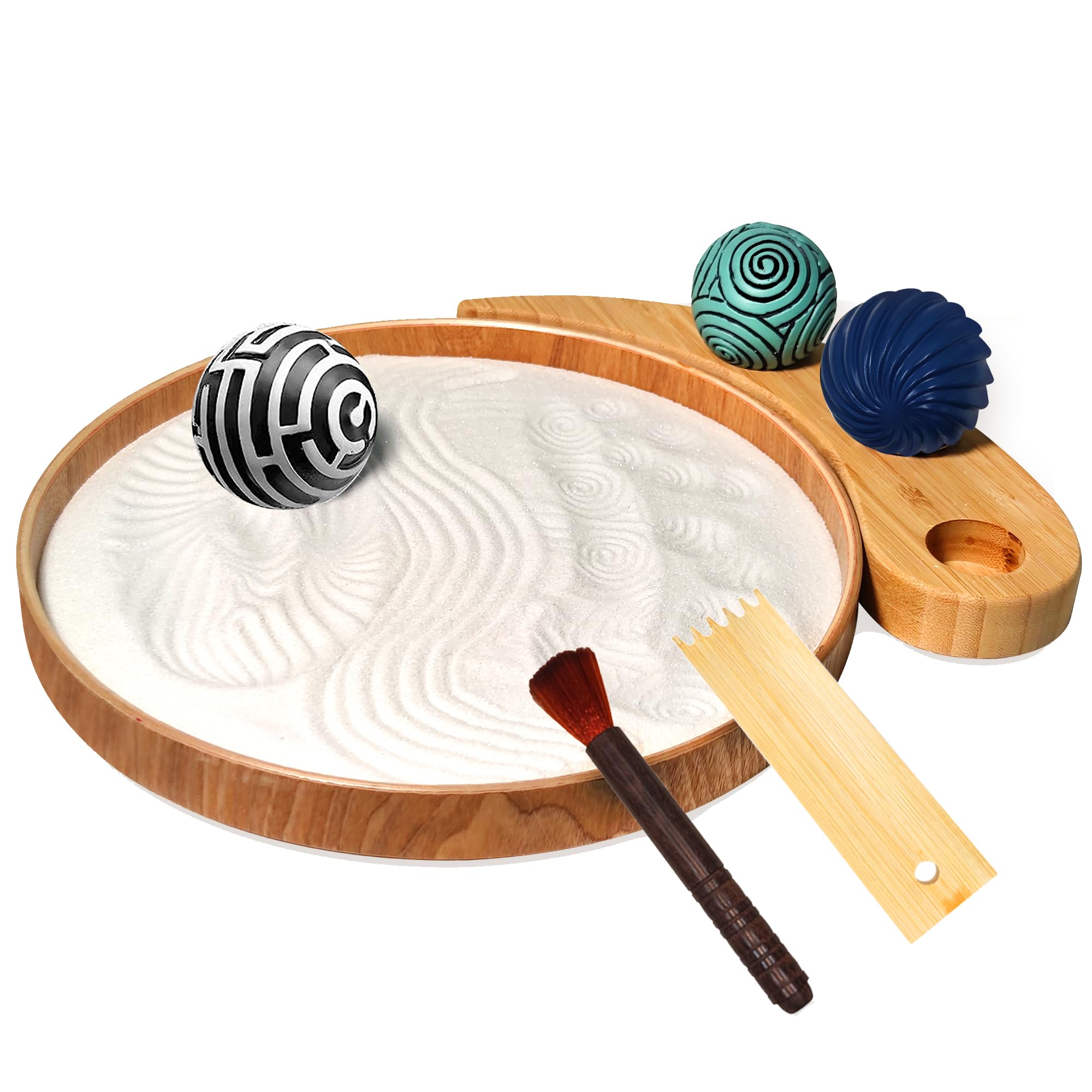 Kit de jardín zen japonés – Bandeja de arena de bambú de 9.5 pulgadas, 3 esferas de sello de resina, mini rastrillos de jardín zen y decoración zen, accesorios de meditación perfectos y regalos para