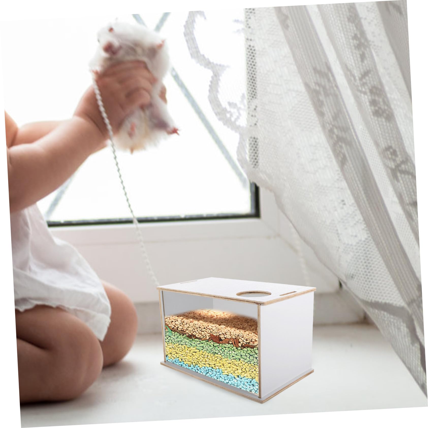 Hamsterbadewanne Sicher und Praktisch Multifunktions aus Acryl und Holz Dekorative Weiße Sandbadebox für Meerschweinchen und Kleintiere im Haushalt