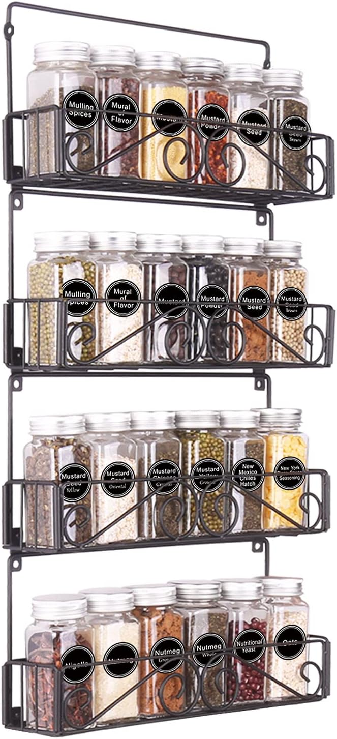 SWOMMOLY Hanging Spice Rack Organizer, 4 Tier Wall Mount Spice Rack Stackable Foldable Spice Shelf Storage Racks, Black, Medium. Perfect for Wall, Cupboard or Pantry Door