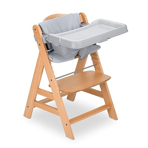 hauck AlphaPlus Grow Along - Silla alta de madera con mesa extraíble gris y cojín de asiento de lujo para bebés de 6 meses en adelante
