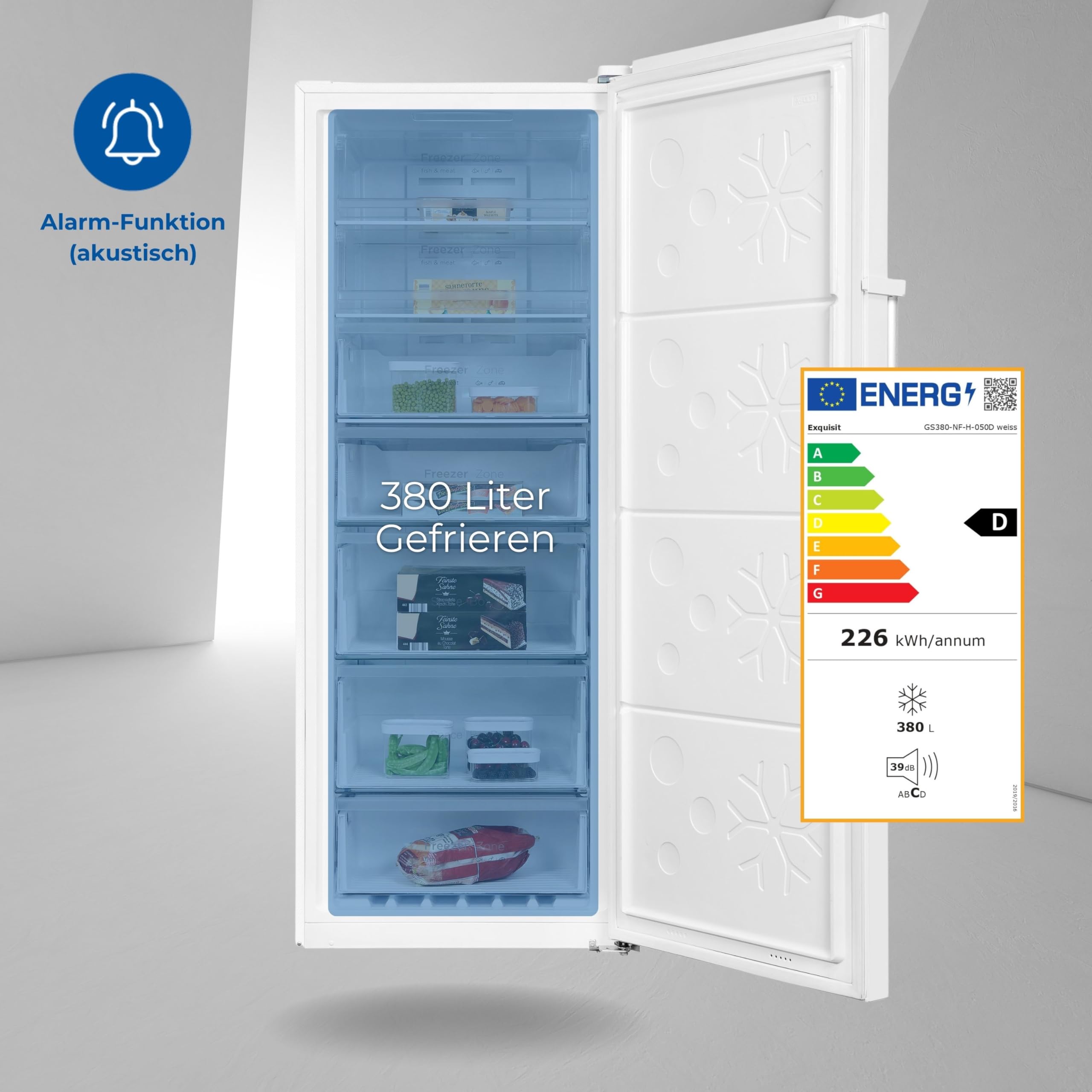 Exquisit GS380-NF-H-050D Gefrierschrank - No Frost, 380 L, Weiß | Großer Standgefrierschrank mit 380 Litern Nutzinhalt, 4-Sterne-Gefrierleistung, LED-Licht und Alarm-Funktion
