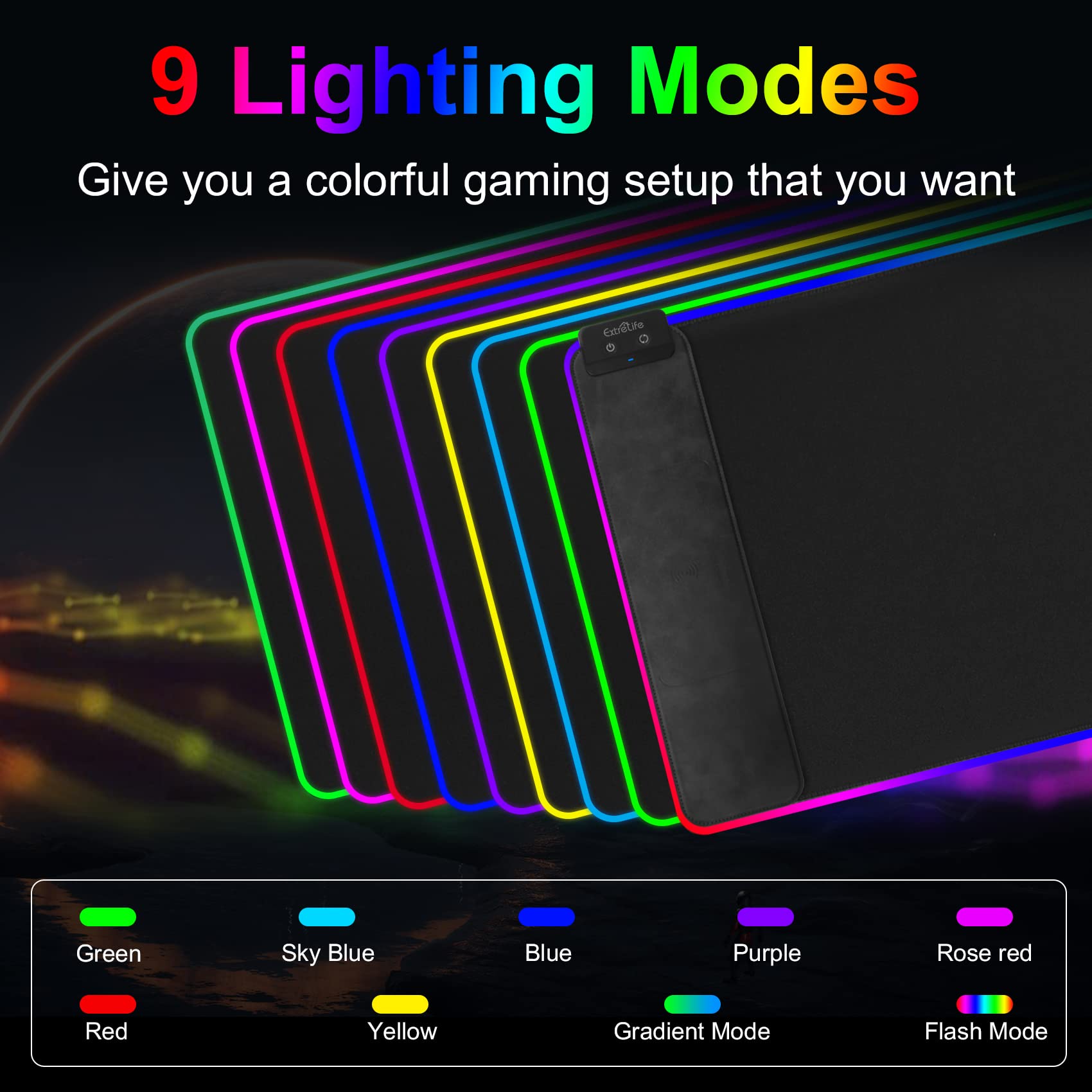 Tappetino per mouse da gioco RGB con ricarica wireless, 10 W, 80 x 40 cm, RGB, base in gomma antiscivolo, tappetino da scrivania per ufficio, casa, giochi, lavoro