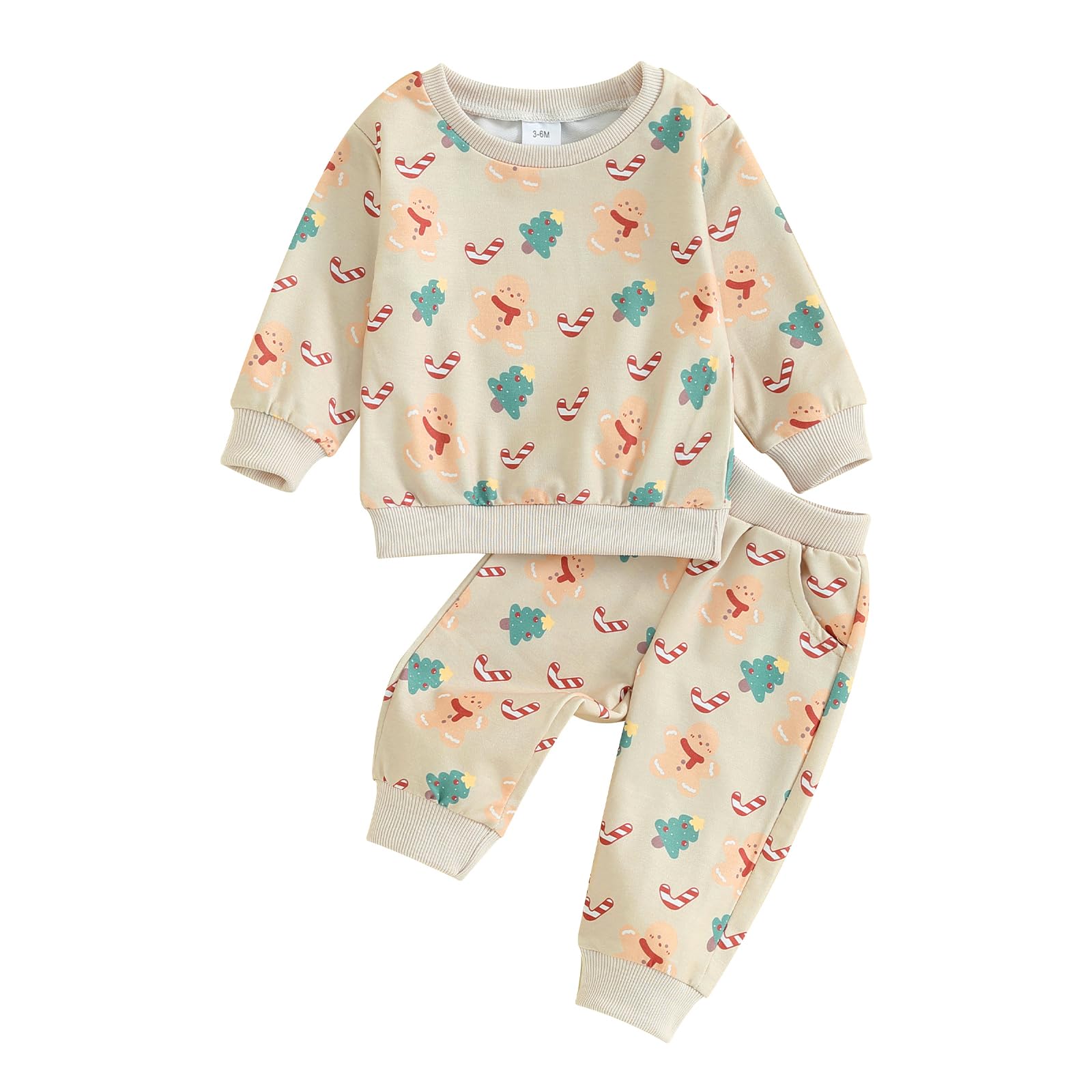 fhutpw Baby Girl Christmas Outfits Winter Long Sleeves Tops & Pants Sets Infant Toddler 3 6 12 18 Months Clothes Sweatshirt Suit (Christmas Cane Candy-Beige, 18-24 Months)