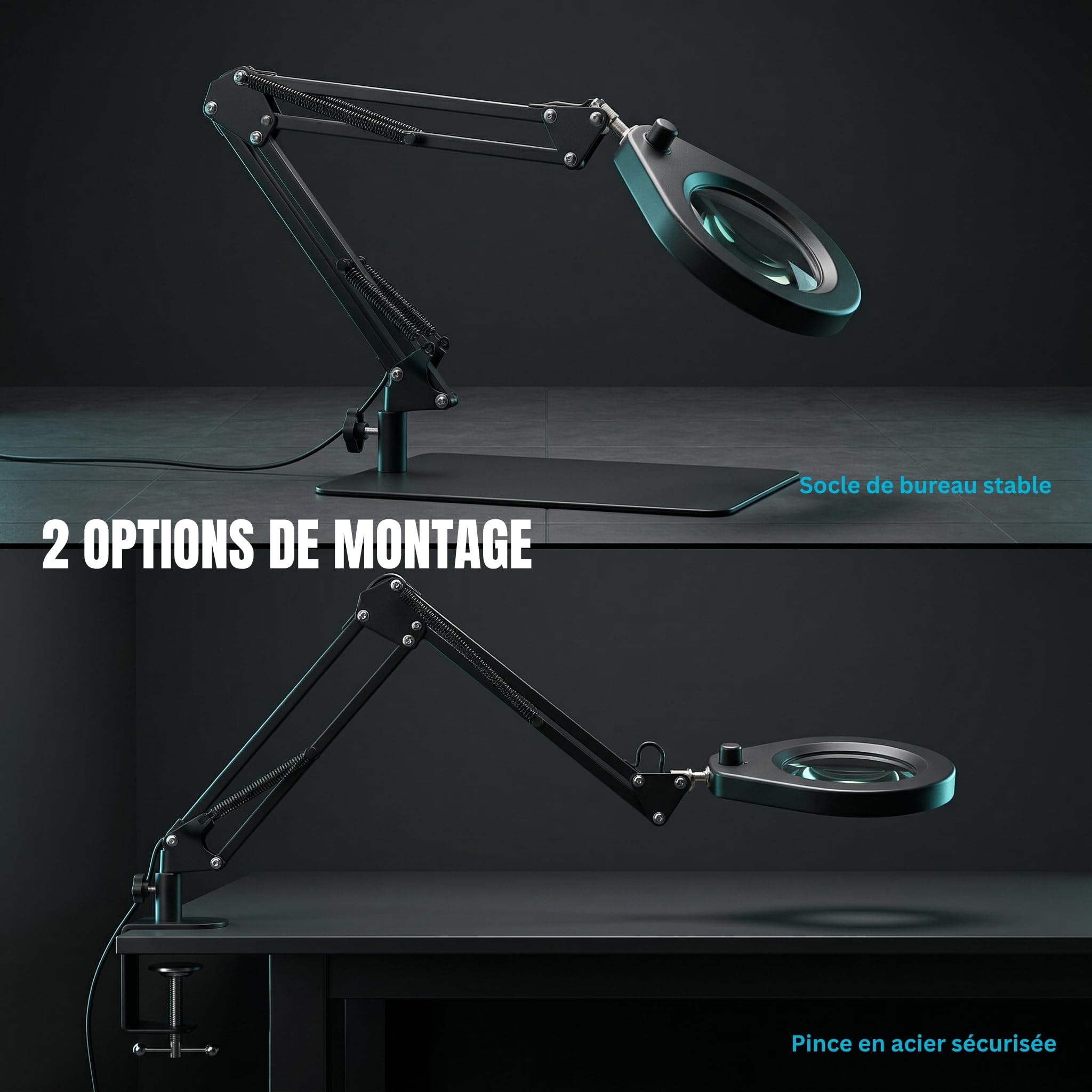 Lampe Loupe avec Support et Pince, Loupe 5X, LED à Intensité Variable et Double Support, pour Tâches de Précision