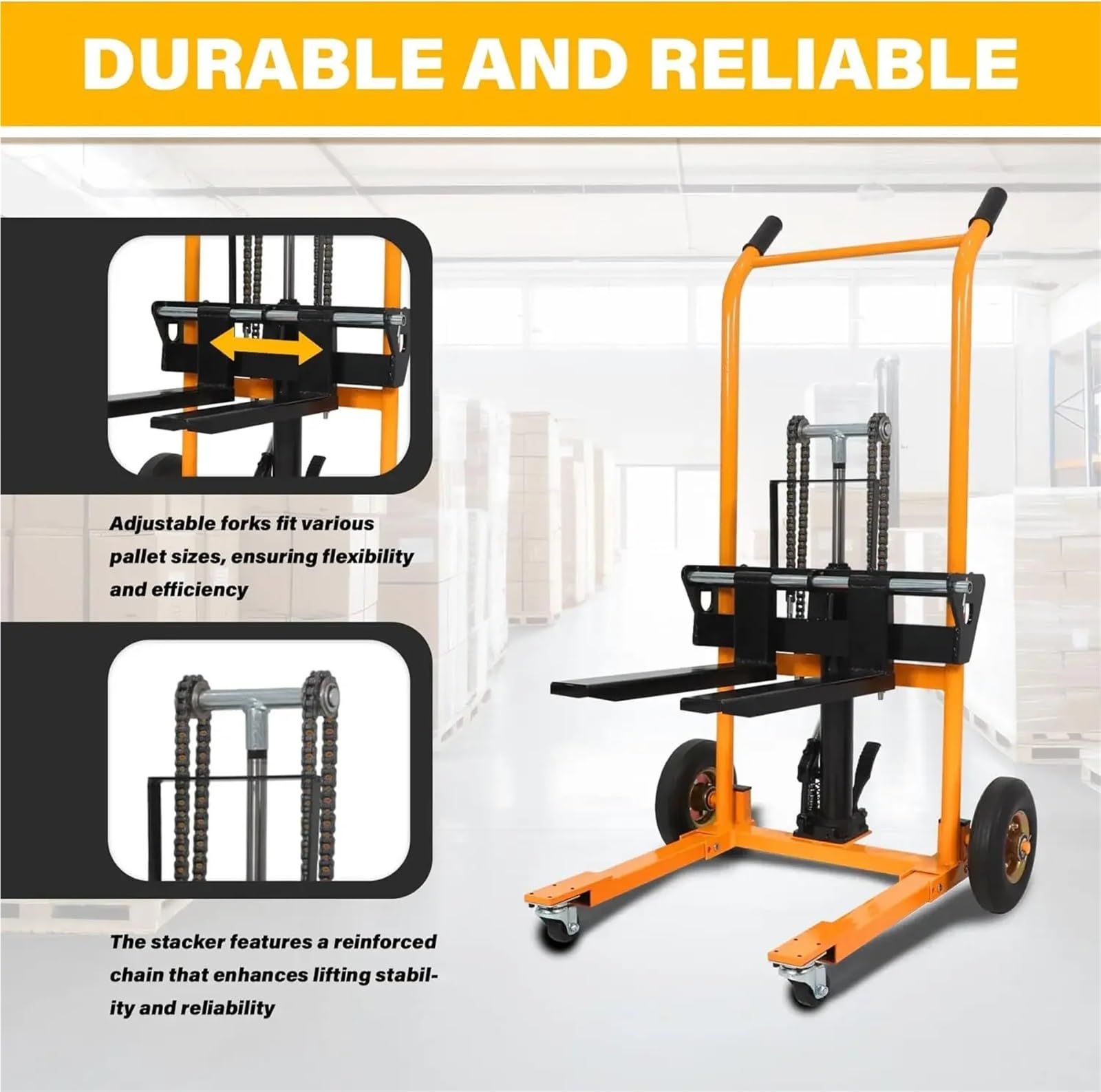 Transpallet manuale per impieghi gravosi, capacità 200 kg, con verricello e volanti, altezza di sollevamento 89,9 cm per magazzini, industriali e logistici