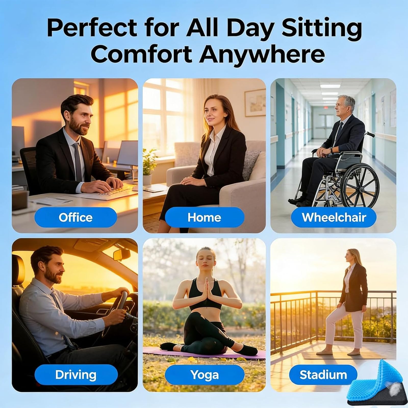 Cojín de asiento de gel para mayor comodidad y apoyo, diseño de panal transpirable, funda antideslizante, ideal para juegos, oficina, coche y silla de ruedas