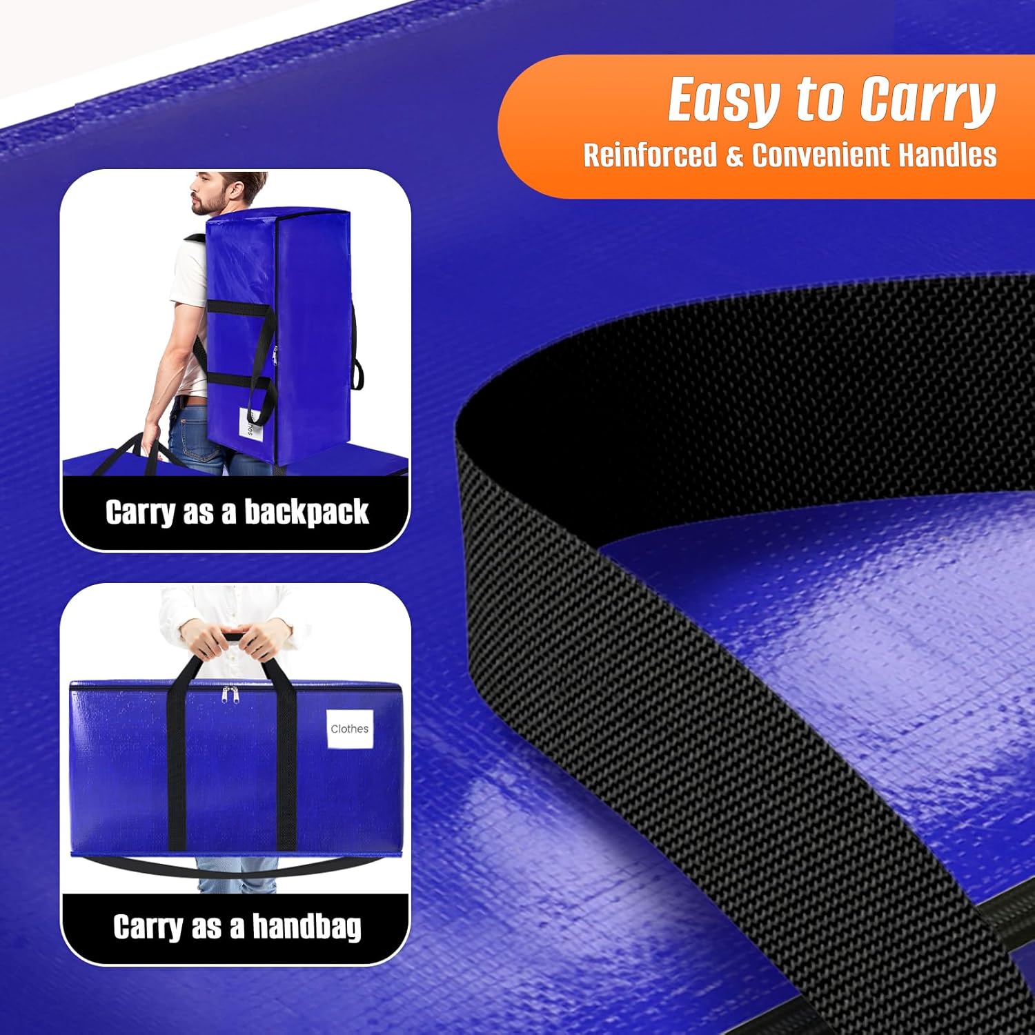8-Pack Moving Bags with Backpack Straps & Carry Handles, 25 Gallons-93 L Heavy Duty Storage Totes for Space Saving, Foldable Storage Bags for College Dorm, Travel, Camping (Blue) - Image 4
