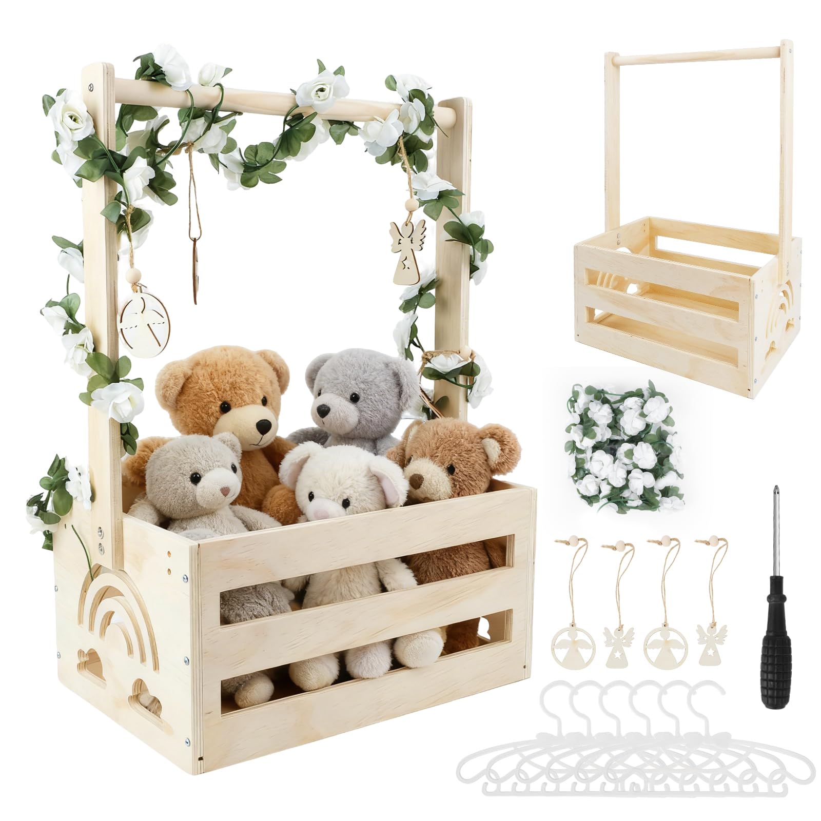 Cesta de Madera para Bebé con Asa, Regalo para Baby Shower Recién Nacido Niño Niña, Práctico Armario para Bebé, Cesta Personalizada con Perchas, Hojas Decorativas y Colgantes de Madera