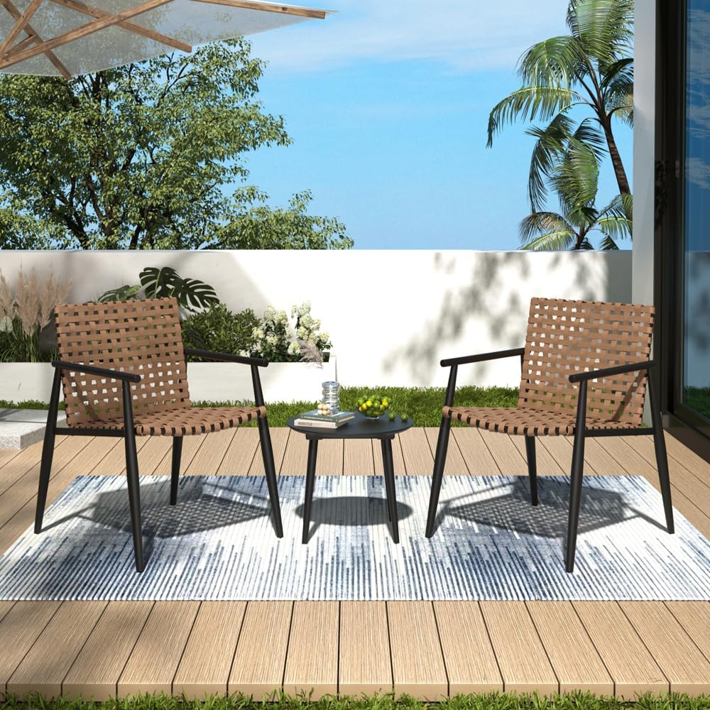 Rattan Patio Chairs Set with Black Steel Tempered Glass Side Table - 2-Piece Outdoor Conversation Seating, Durable & Modern Garden Furniture