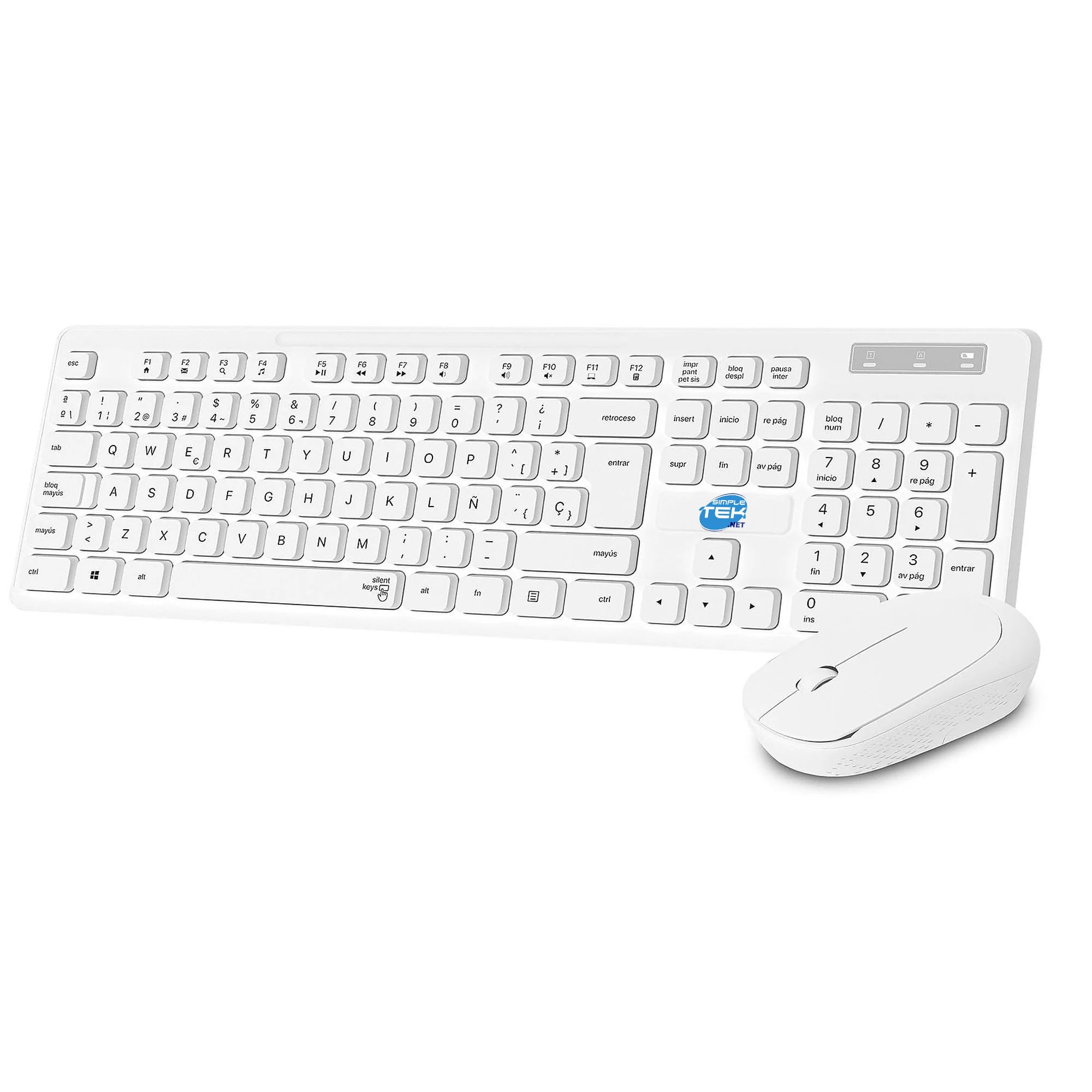 SIMPLETEK - Kit teclado y ratón inalámbricos blanco layout QWERTY Español, tamaño completo, conexión RF, multimedia, 1200 DPI, teclas silenciosas