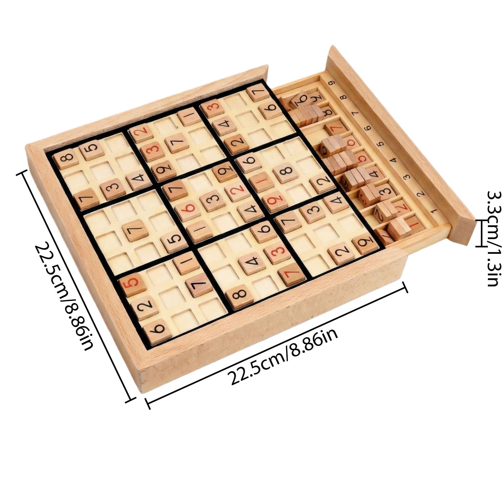 Wooden Sudoku Puzzle Board Game with Drawer, Includes Extra Number Tiles and Puzzles Booklet - Image 2