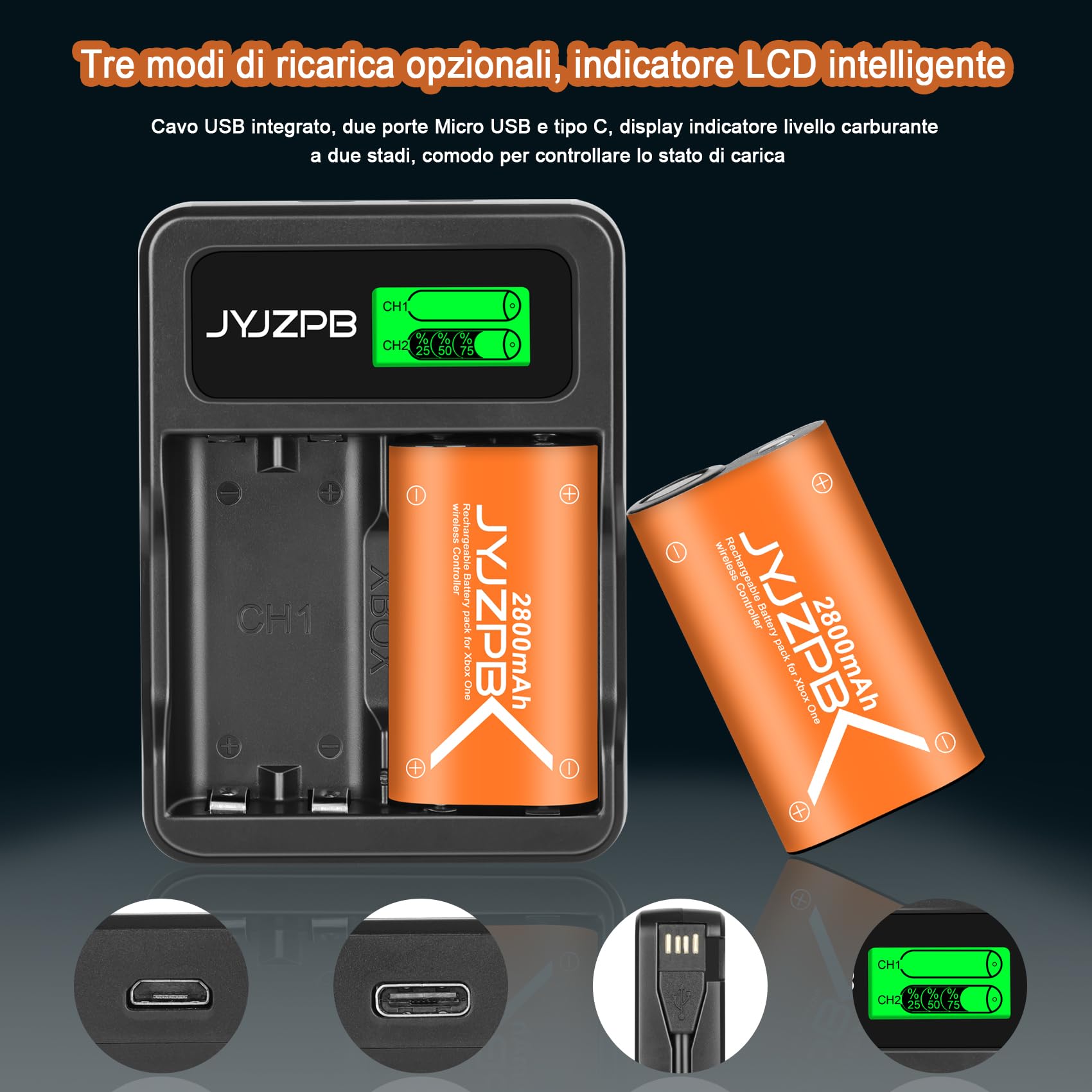JYJZPB 4 Pezzi 2800mAh Batteria per Controller Xbox One, Batteria Ricaricabili con Caricabatterie per Xbox One, Xbox Series X&S, Xbox One S, Xbox One X, Xbox One Elite Controller
