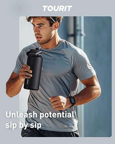 Miniatura 7 de TOURIT Botella de agua aislada de 32 onzas, botellas de agua deportivas de acero inoxidable con asa superior, botella de agua térmica de viaje de