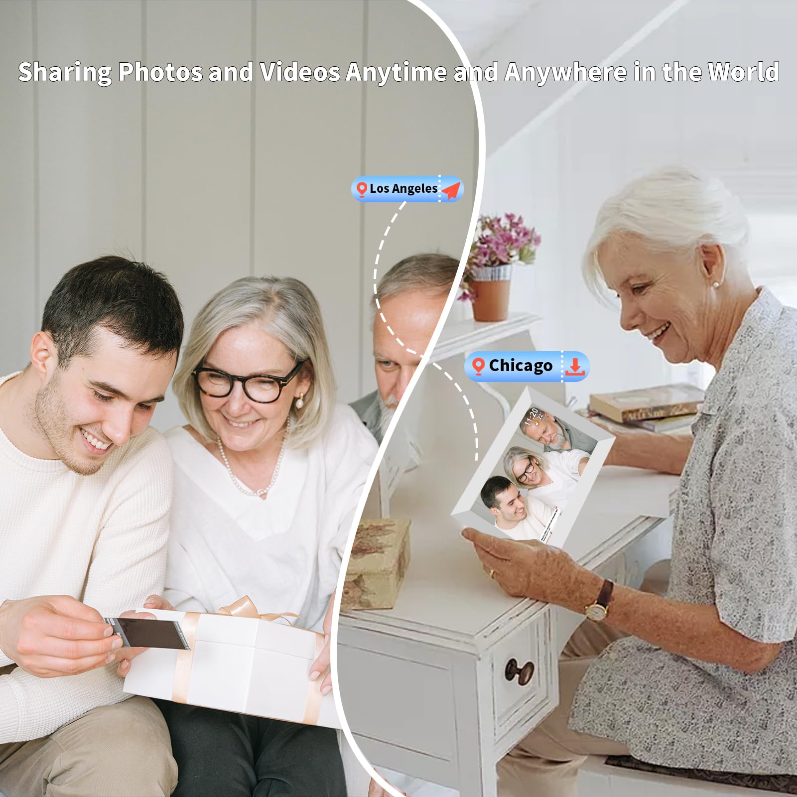 Frameo Cadre photo numérique de 10,1 pouces blanc, cadre photo numérique intelligent WiFi avec écran tactile IPS, écran HD 1280 x 800, rotation automatique de 32 Go, montage mural, fente SD/USB