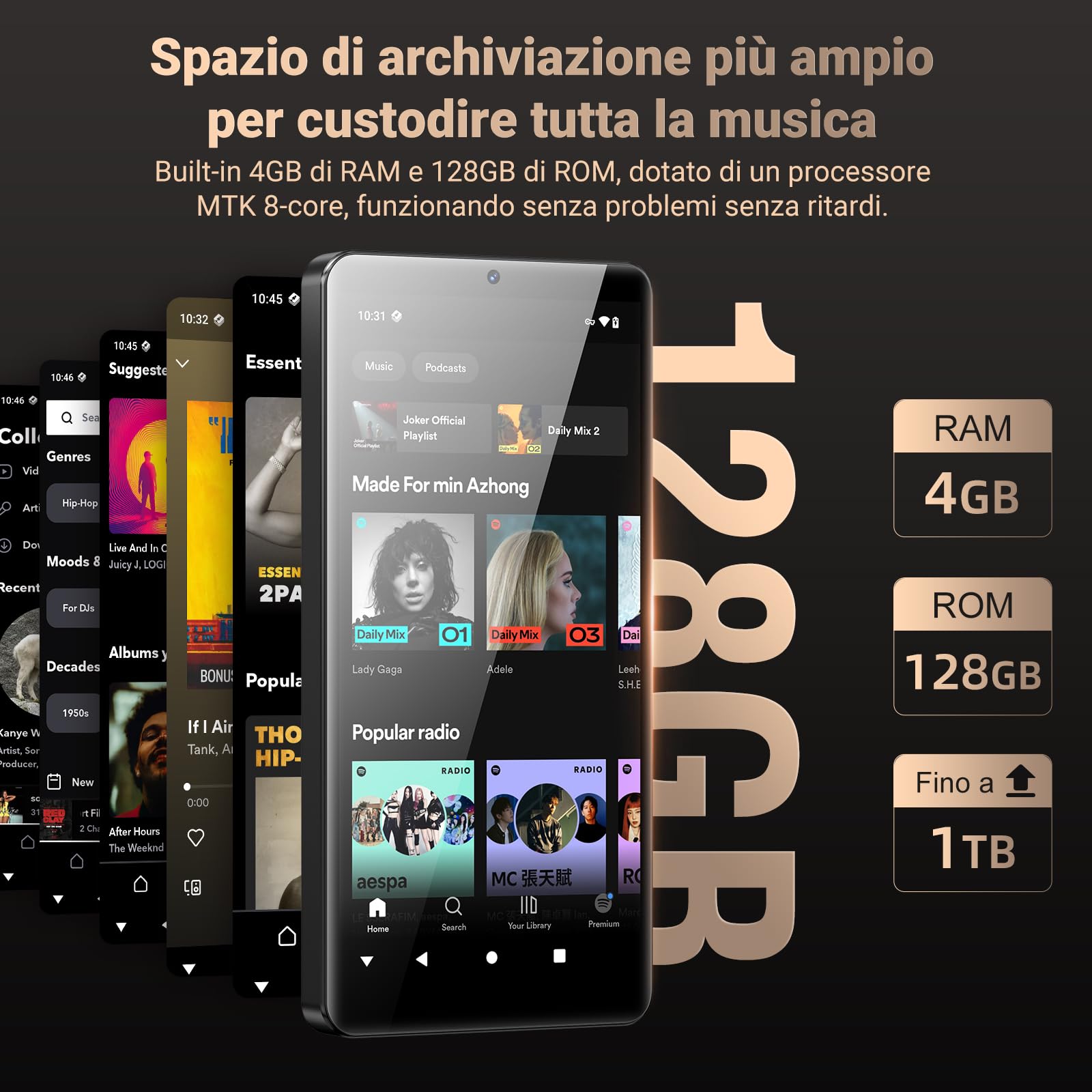 128GB Lettore MP3 con WiFi Bluetooth e Fotocamera, RAM: 4GB, Oilsky Android 13.0 Spotify Lettore di Musica con Altoparlante, 5,5'' 1080P Touchscreen MP4 Player