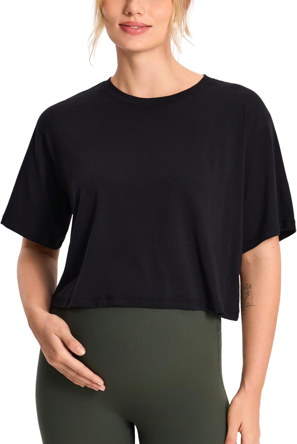 MOMANDA Summer Maternity Crop Top Modal Cotton Short Sleeve Loose Crop Maternity Tshirts Crewneck