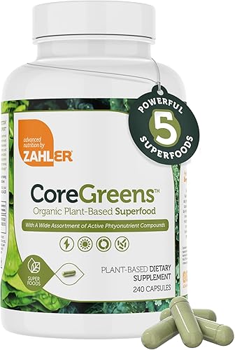 Zahler Core Greens, Cápsulas Superfood Greens, Super Greens con espirulina, clorella, mezcla orgánica de frutas y verduras y más, Kosher, 240
