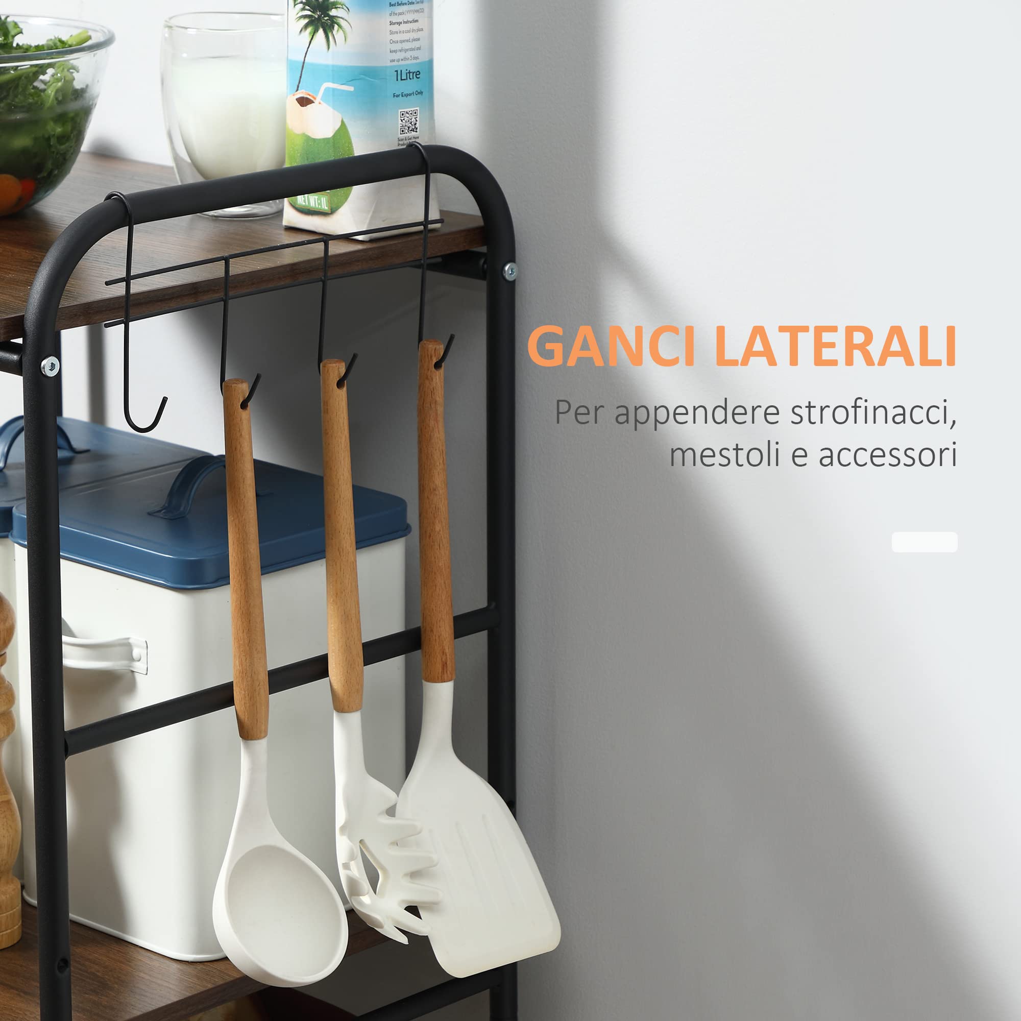 HOMCOM Carrello da Cucina Portavivande Stile Industriale con 4 Ruote, 2 Cestini e 4 Ganci, 60x38x85.5cm, Marrone Nero