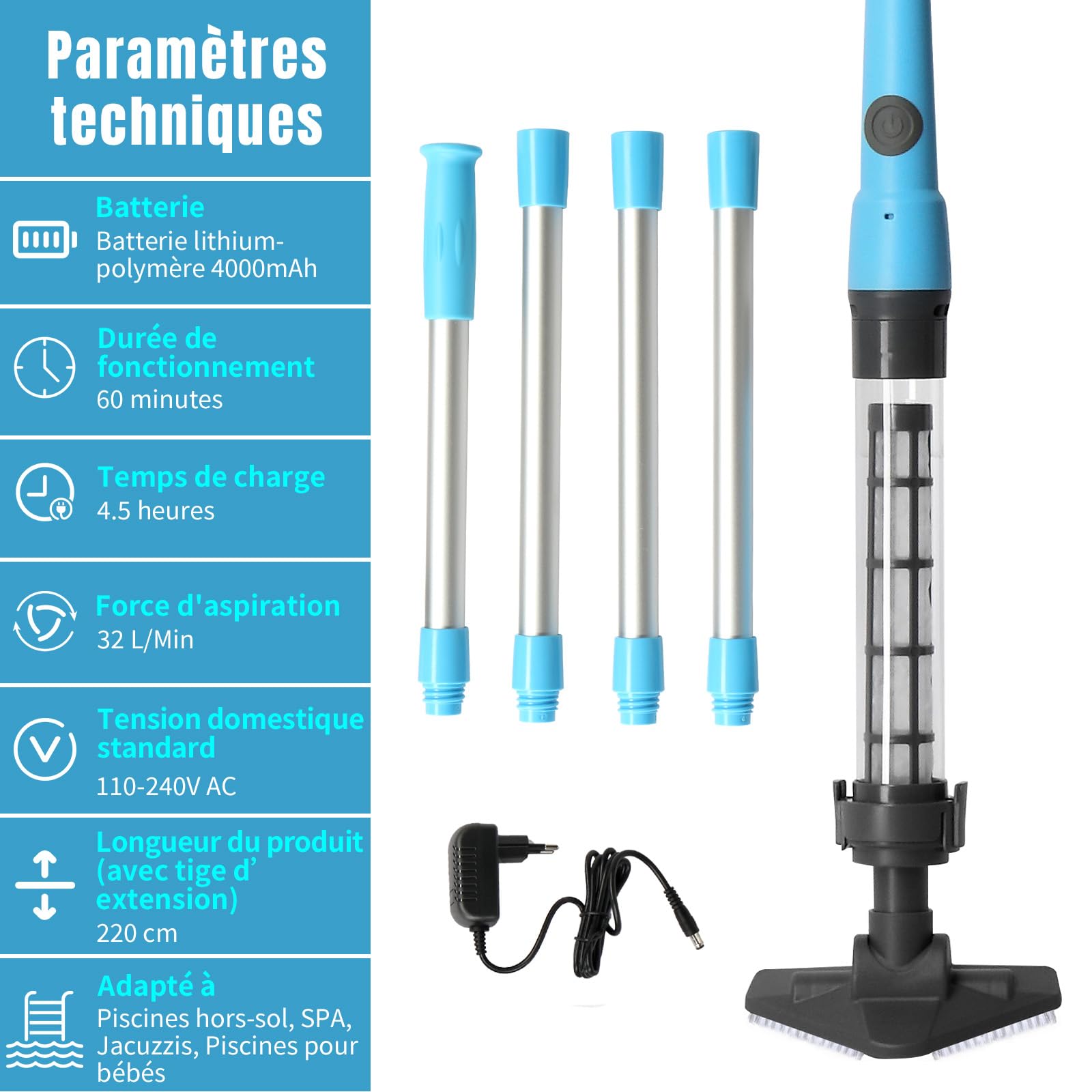 LEADZM Aspirateur Piscine Batterie sans Fil 4000mAh, Aspirateur Piscine Hors Sol pour Spa, 60 Min Autonomie, 220x17,2x9,6cm (Bleu)