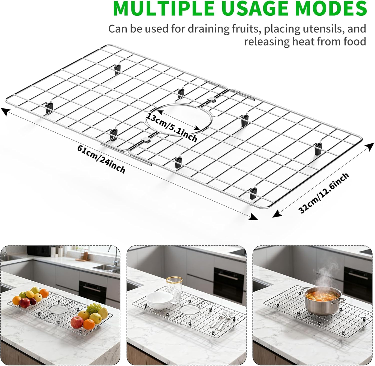 Chilinii 24" x 12" Stainless Steel Sink Protector - Large Sink Rack for Bottom of Sink Kitchen Grid Centered Drain 24*12 center drain