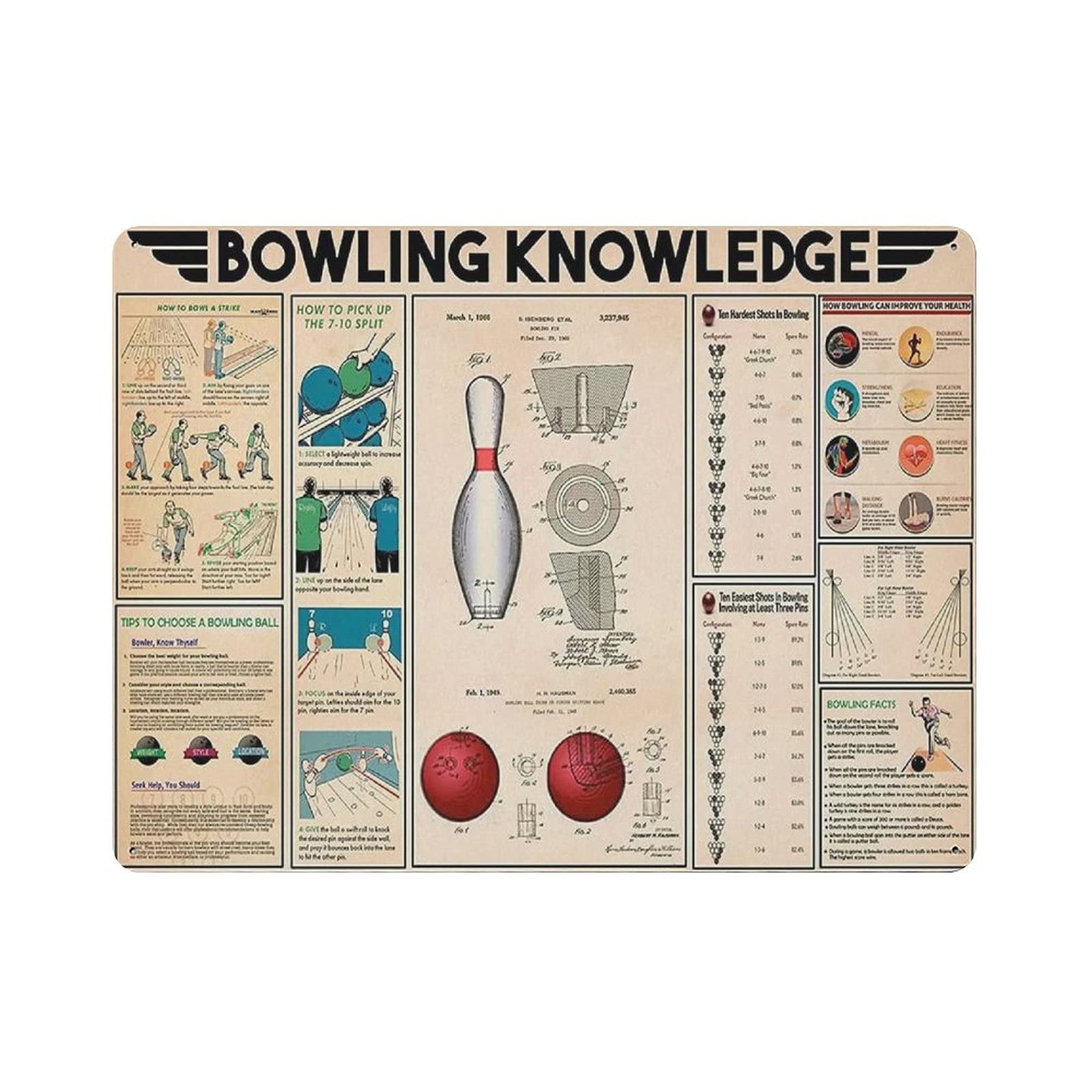 Metal Tin Sign Bowling Knowledge Vintage Tin Poster Metal Sign Wall Decoration Country Kitchen Home Garage Decor 12"x16"