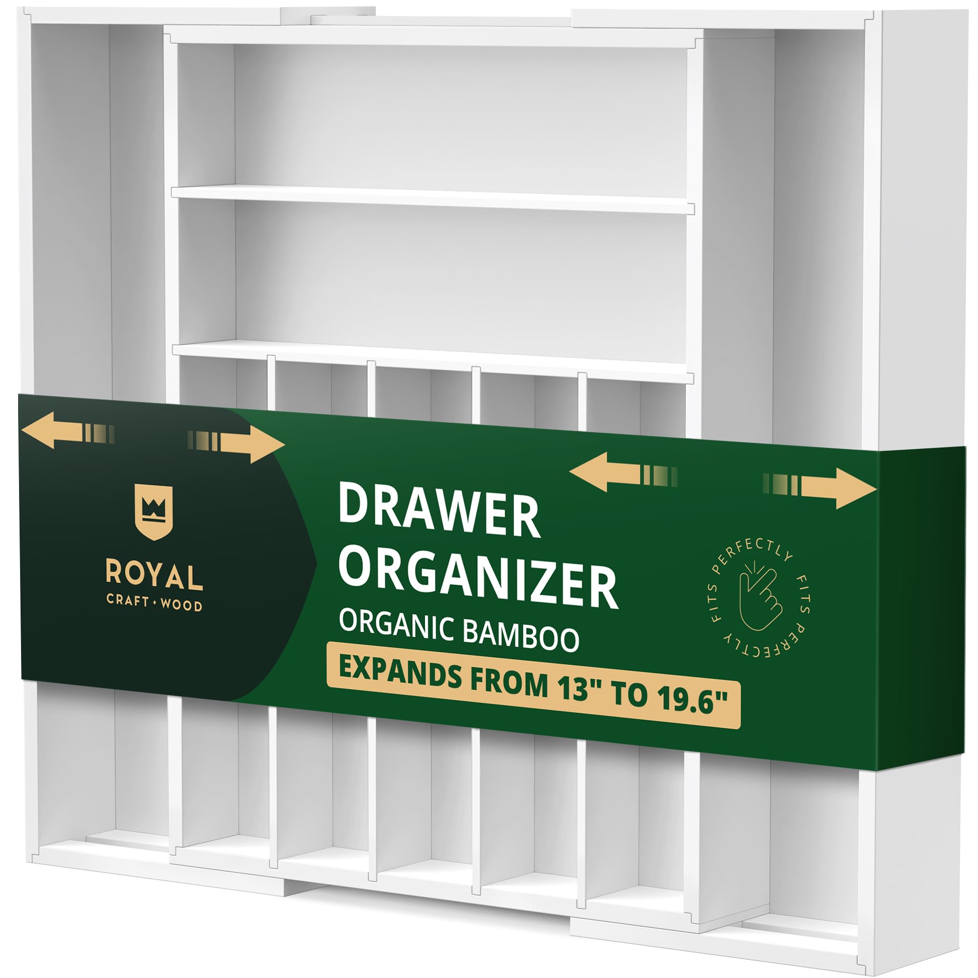 ROYAL CRAFT WOOD Luxury Bamboo Kitchen Drawer Organizer - Silverware Organizer/Utensil Holder and Cutlery Tray with Grooved Drawer Dividers for Flatware and Kitchen Utensils (9 Slot, White)