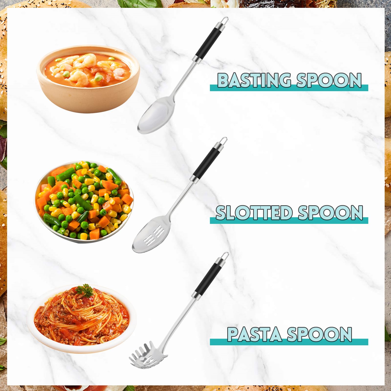 3-częściowy zestaw łyżek do serwowania ze stali nierdzewnej z łyżką cedzakową, łyżką do serwowania i łyżką do spaghetti, zestaw przyborów kuchennych do gotowania, łyżka do gotowania.