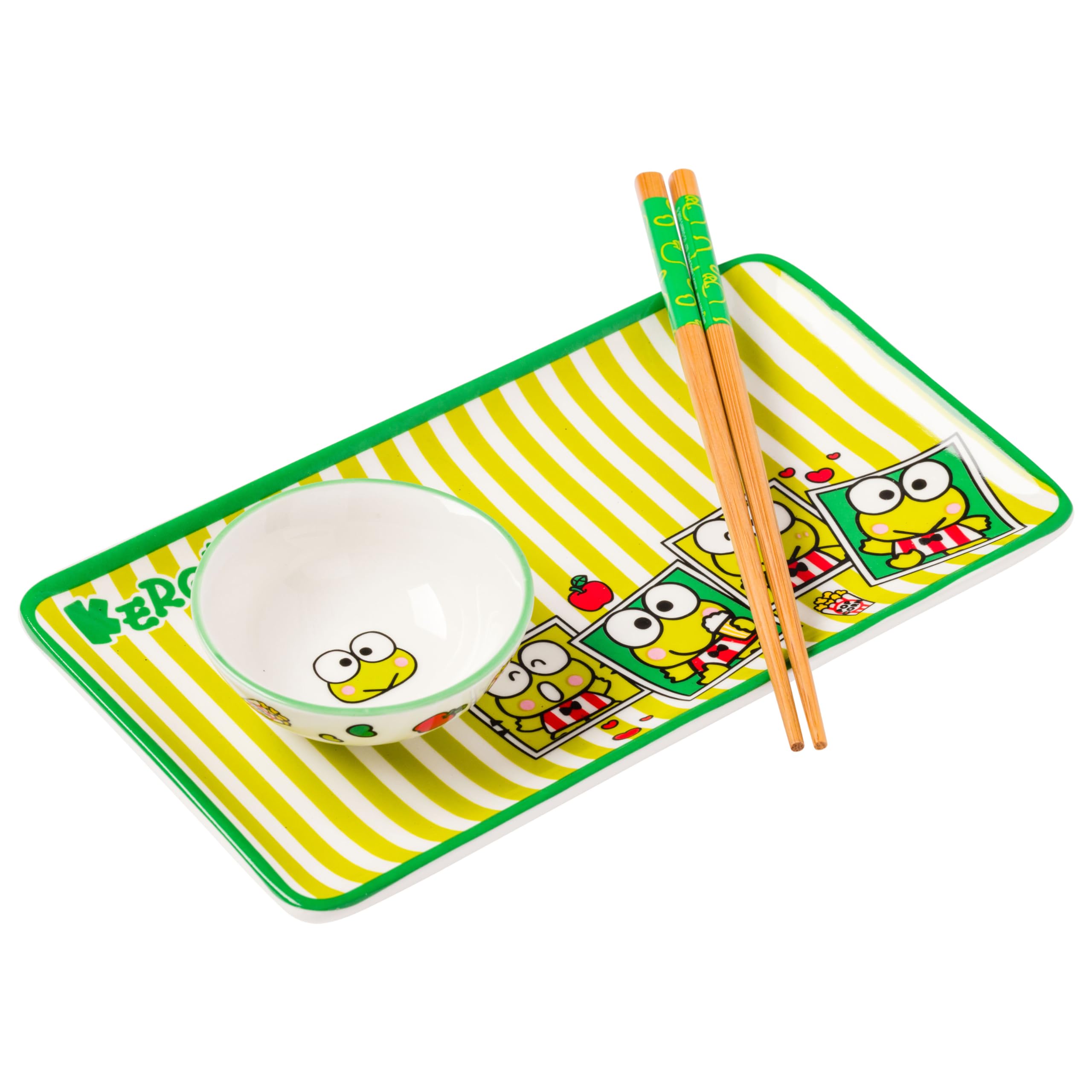 Sanrio Hello Kitty and Friends Keroppi Polaroids Green and White Stripes Ceramic Sushi Set with Dipping Sauce Dish and Matching Chopsticks