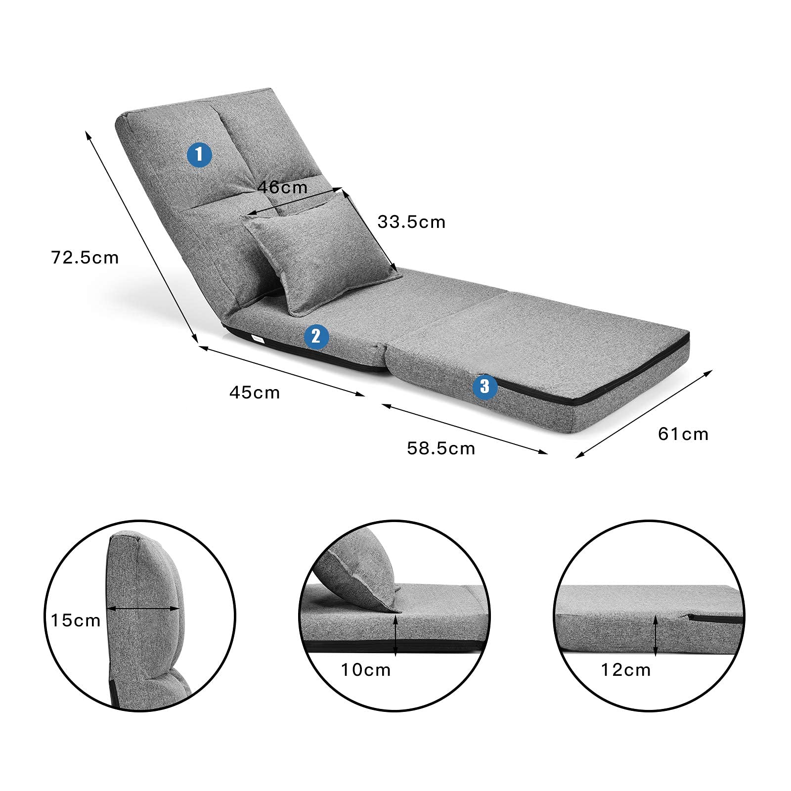 RELAX4LIFE Bodensessel klappbar, Bodenstuhl mit 5 verstellbaren Rückenlehne, Bodensofa mit Kissen, Liegesofa, Liegesessel für Schlafen Lesen Meditation, Sitzkissen für Wohnzimmer (Grau)