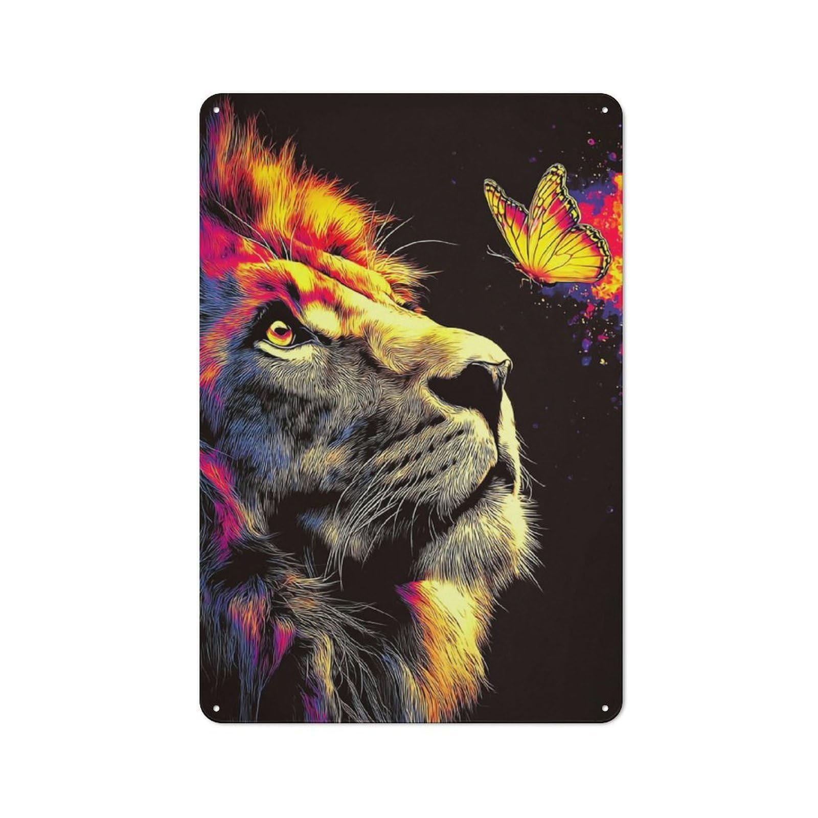 Junmoney Colorful Lion And Butterfly Artwork Industrial Tin Sign 30X20cm, Garage Wall Decor For Garage, Hobby Room, Office Or Man Cave
