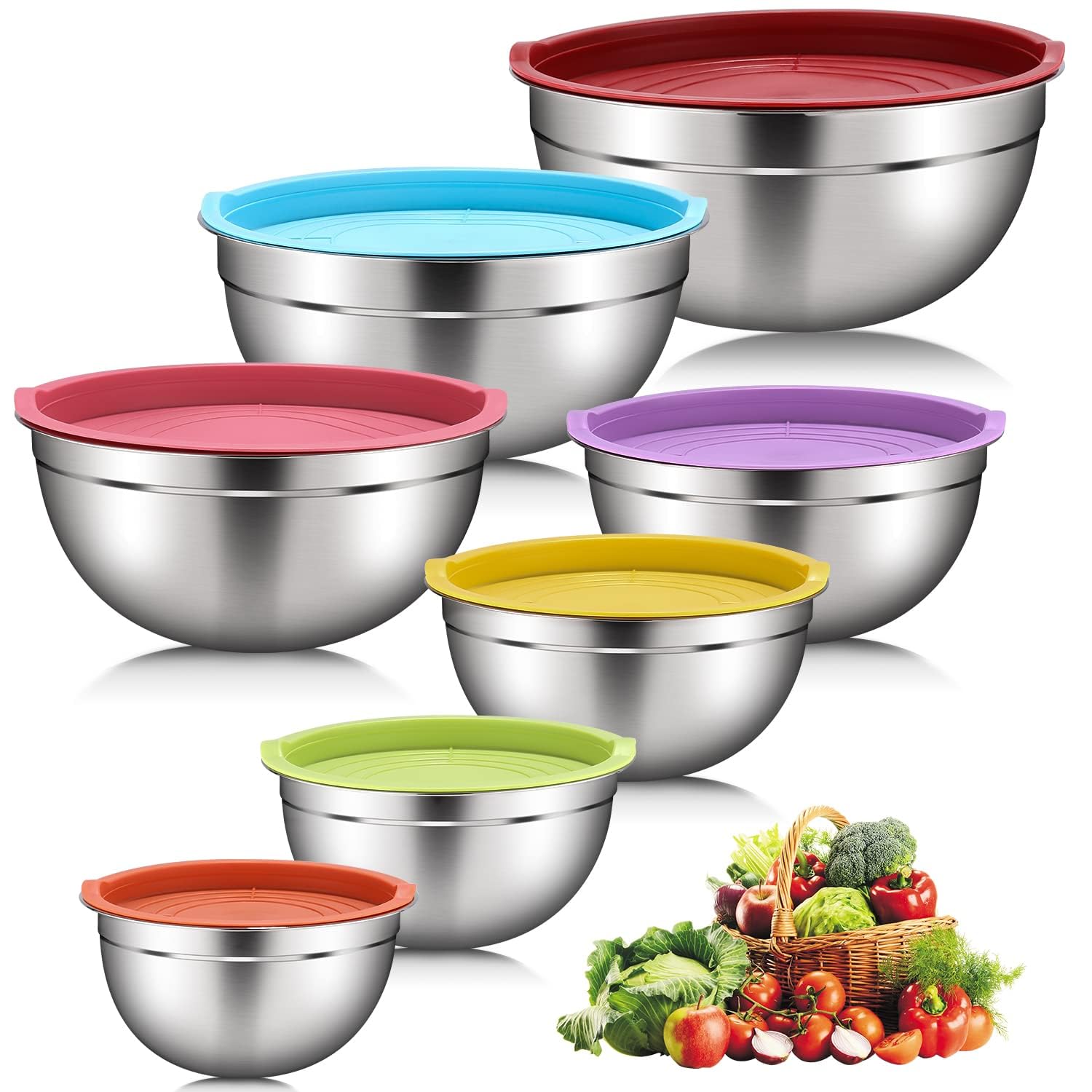 Set di 7 ciotole in acciaio inossidabile con coperchi colorati, ciotole miscelatori, insalatiere, impilabili per riporre minimi, cottura essenziale, utensili da cucina