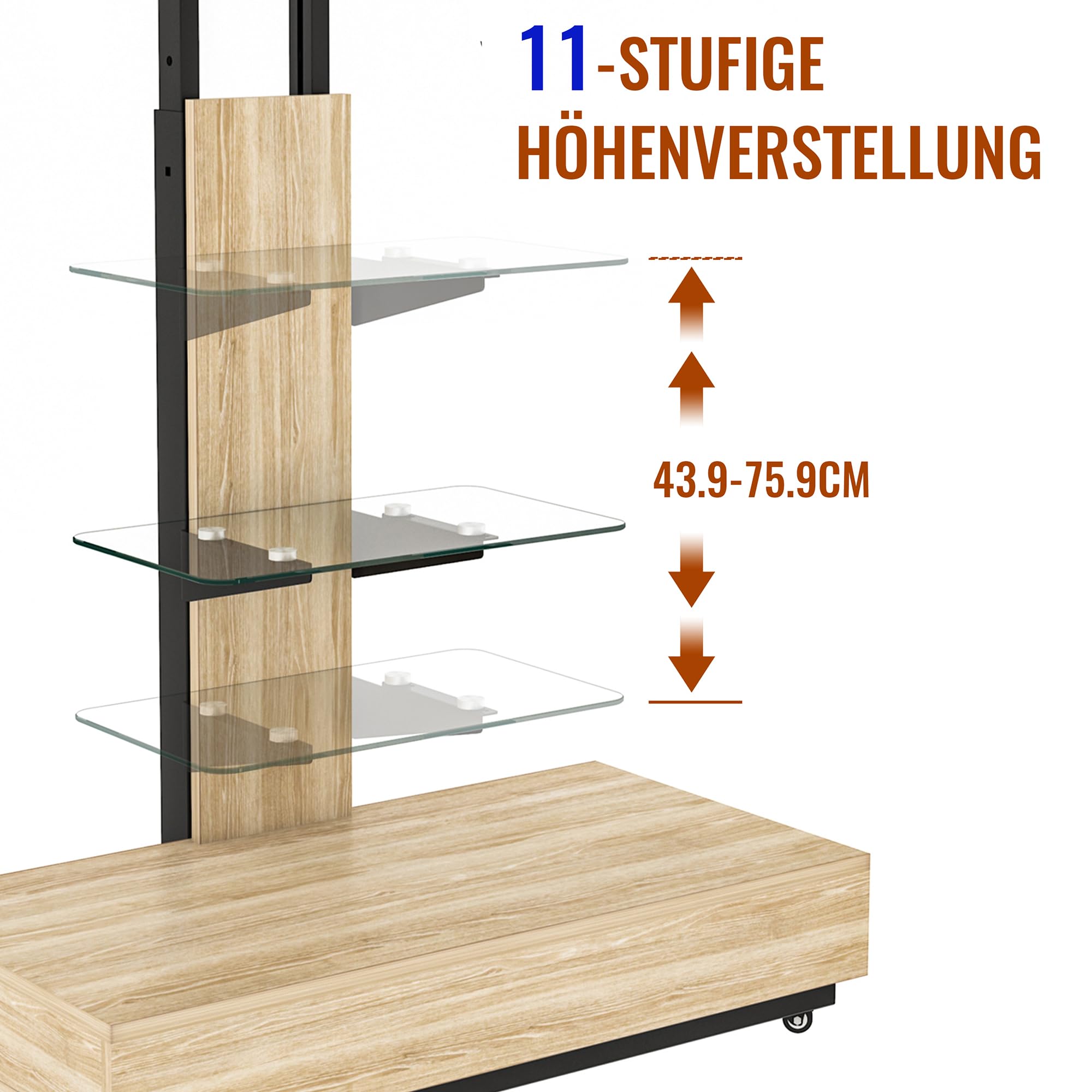 Verstellbarer TV-Ständer mit Rollen, Schiebeschublade und Schwenkhalterung für 32-75 Zoll Fernseher – Höhenverstellbar, Lenkrollen mit Feststellfunktion Holzfarbe/Schubladen