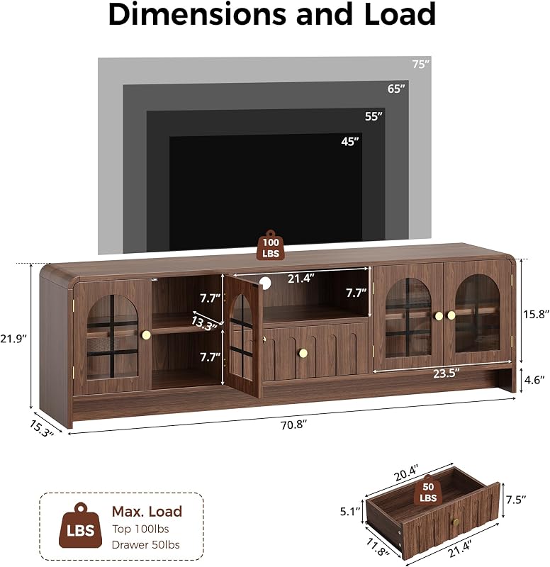 IRONCK 70 Inch TV Stand with Arched Glass Doors for Living Room, Walnut image 4