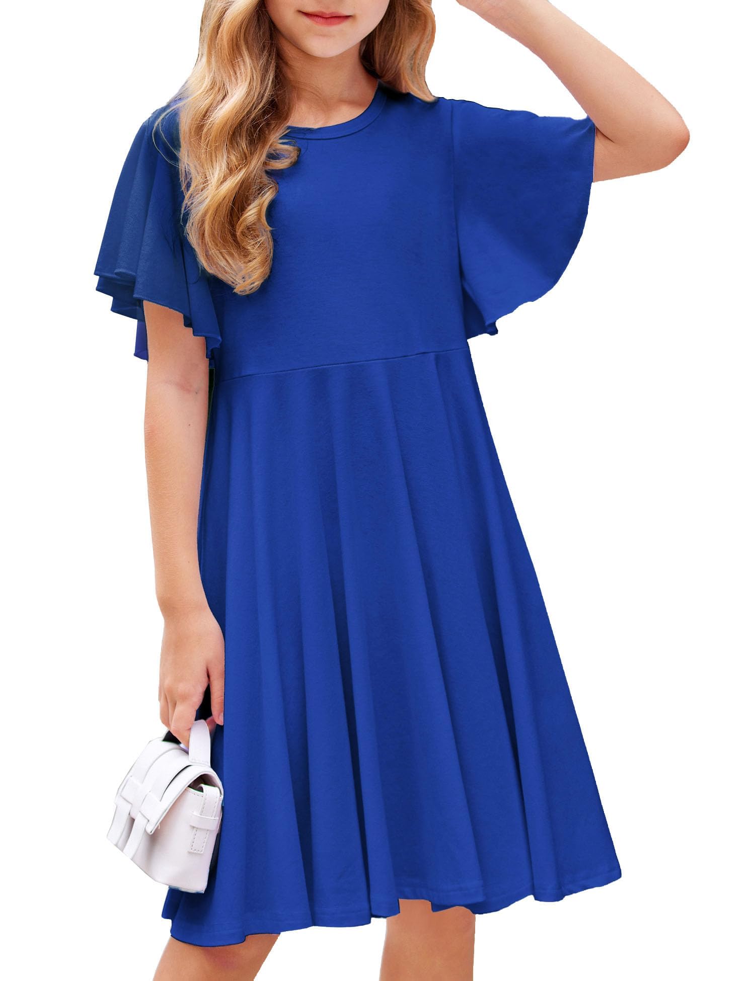 Arshiner Vestidos para Niñas Vestido con Mangas de Mariposa Cuello Redondo Vestido de Verano Vestido de Algodón Vestido de Fiesta Boda Informal Ropa Infantil con Bolsillo 5-13 Años