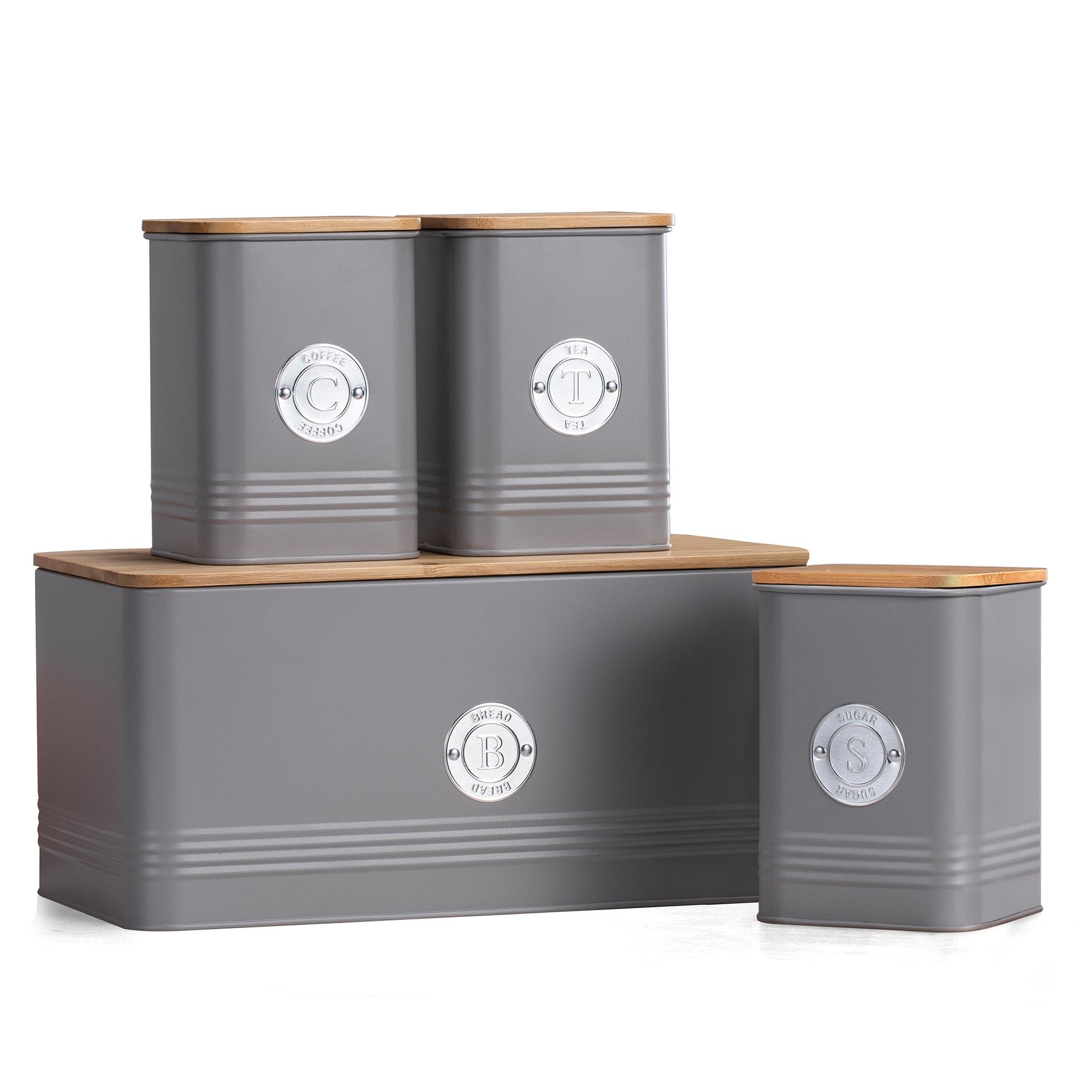 EHC Set of 4 Tea, Sugar, Coffee & Bread Bin Canisters Set, Kitchen Storage Jars with Lids, Containers Canisters Jars Set of 4, Grey