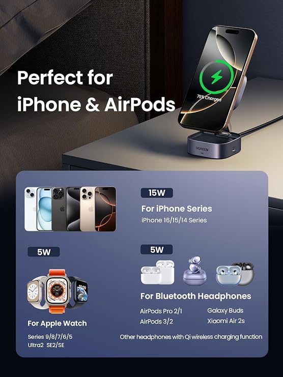 UGREEN MagFlow Qi2 Magnetic Foldable Charging Station, 2-in-1 Fast Wireless Charger Compatible with iPhone 17/17 Air/17 Pro/17 Pro Max 16 15 14 13 12, Airpods3 2 Pro (No AC Adapter), Dark Grey
